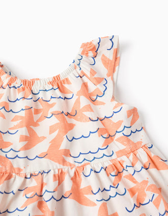 Cotton Dress with Motif for Baby Girls, White/Multicolour