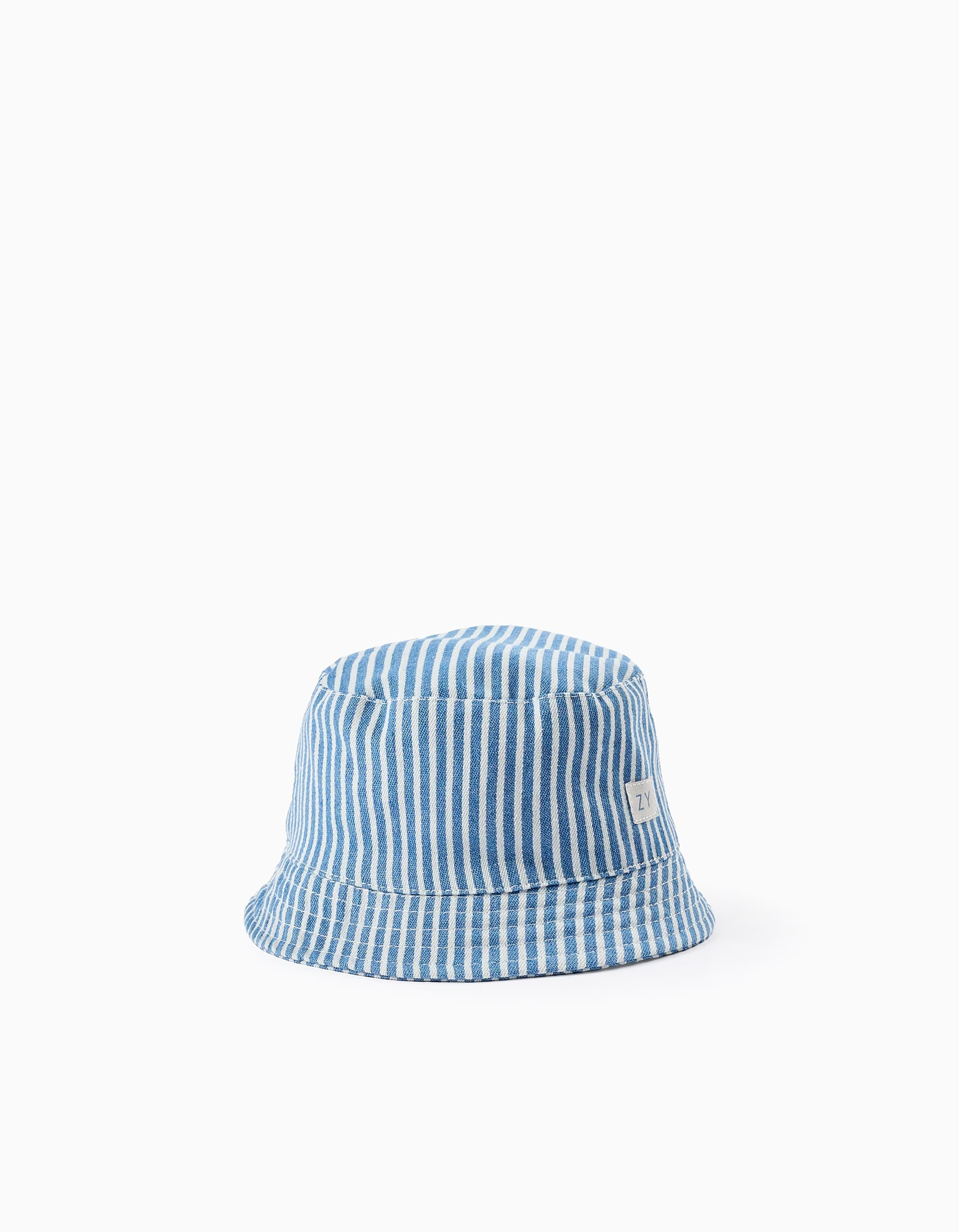 Chapeau à Rayures avec Attache pour Bébé Garçon, Blanc/Bleu