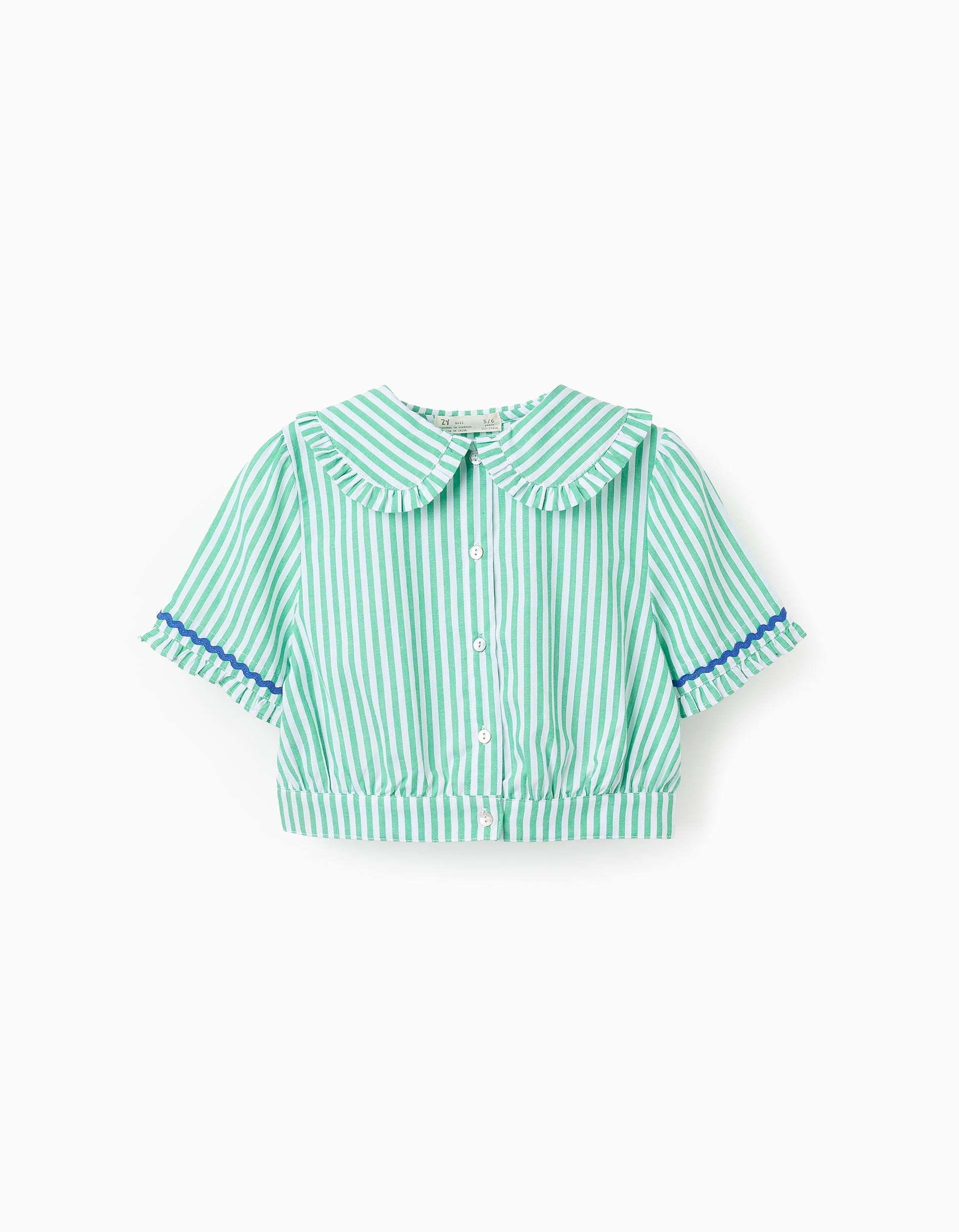 Blusa a Rayas con Volantes para Niña, Verde/Blanco