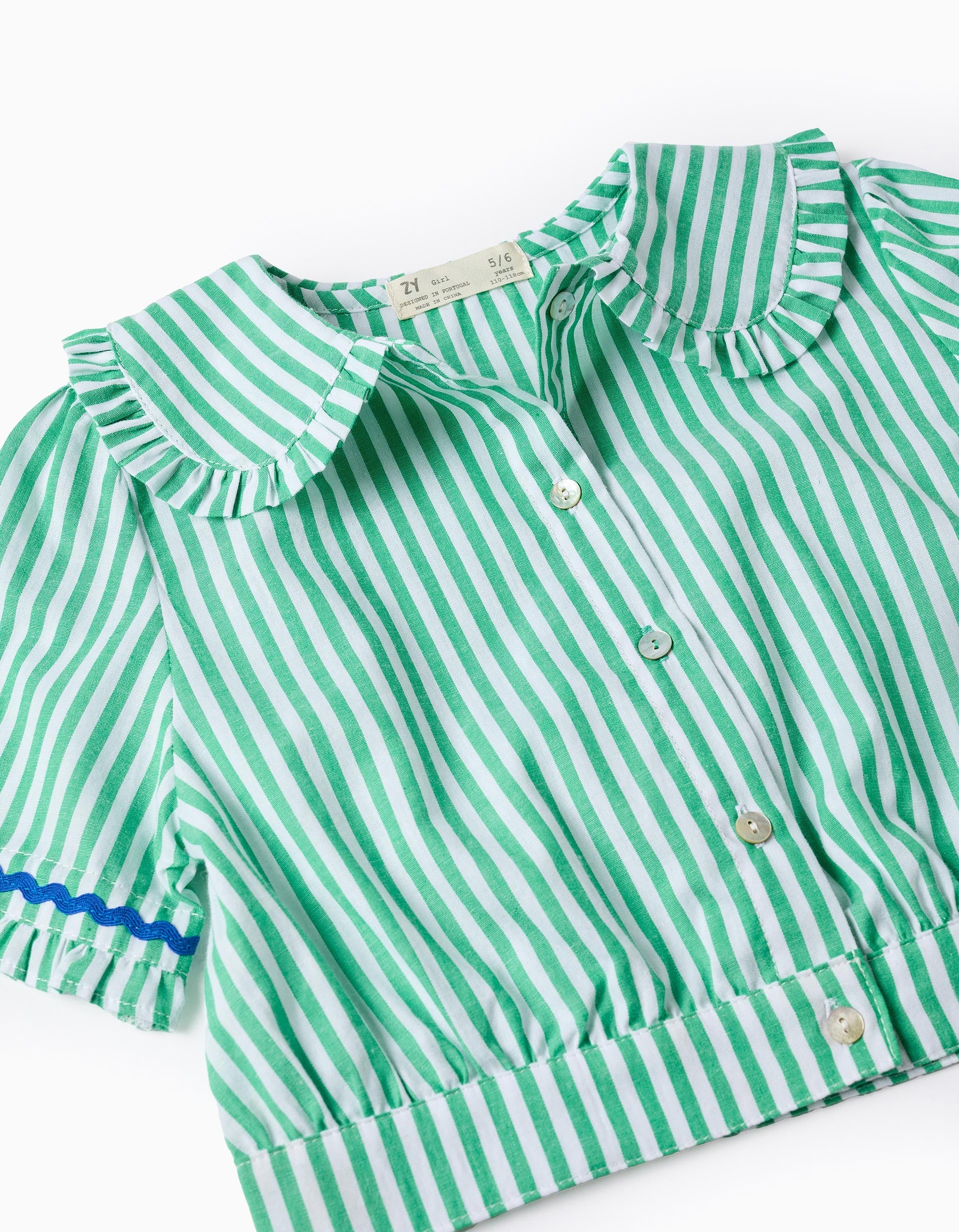 Blusa a Rayas con Volantes para Niña, Verde/Blanco