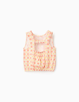 Cotton Top with Semi-Open Back with Motif for Girls, Multicolour