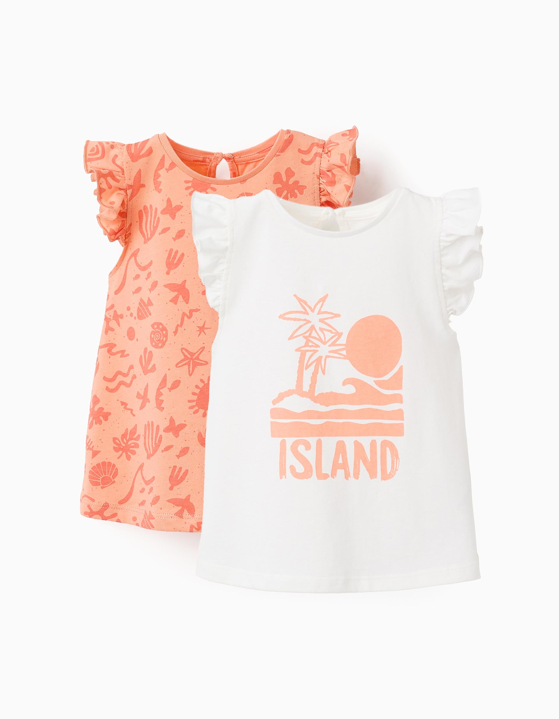 Pack 2 Tops com Folhos para Bebé Menina 'Island', Branco/Coral