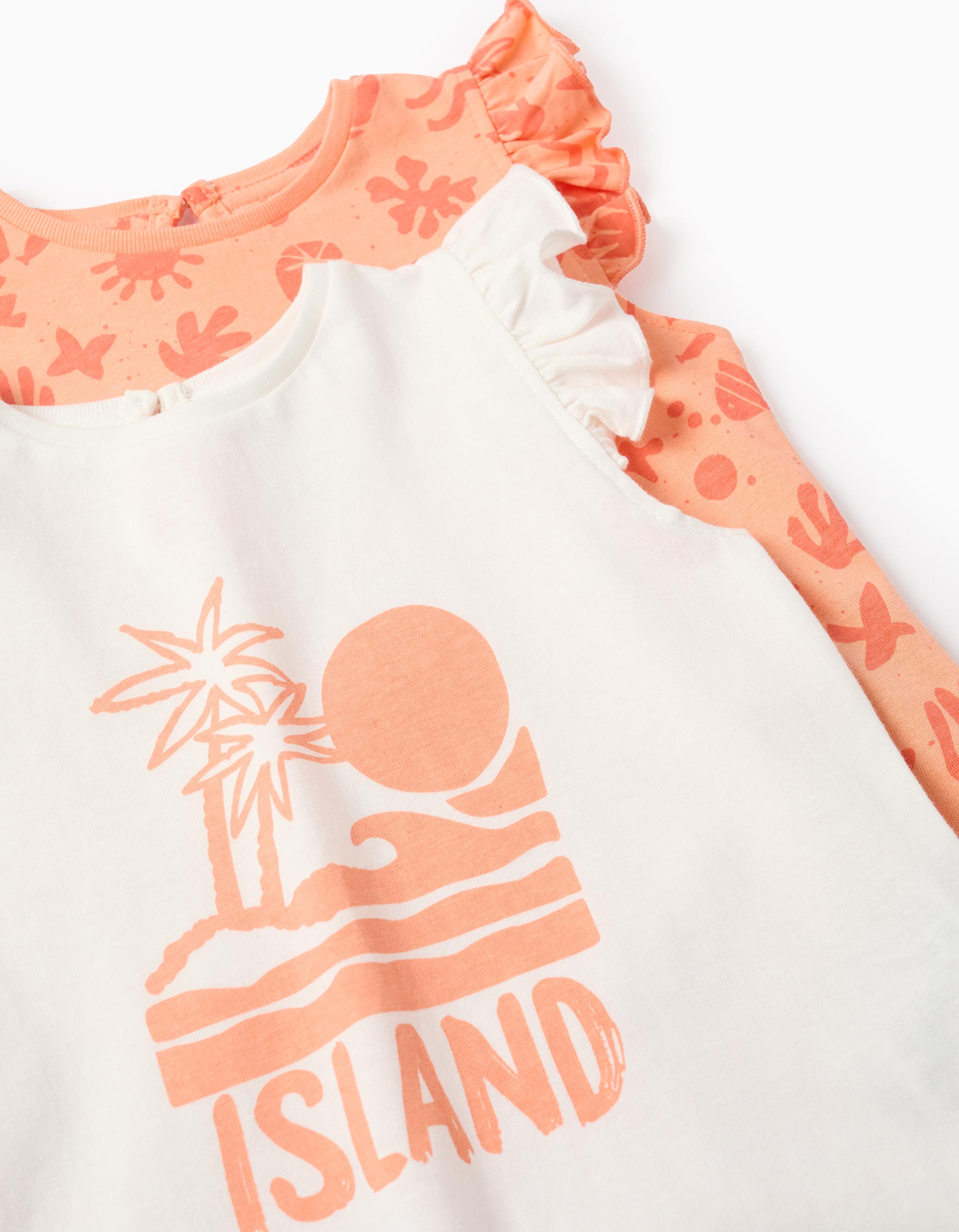 Pack 2 Tops com Folhos para Bebé Menina 'Island', Branco/Coral