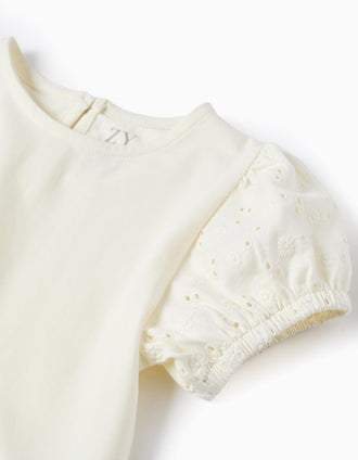 T-shirt with Broderie Anglaise Sleeves for Baby Girls, White