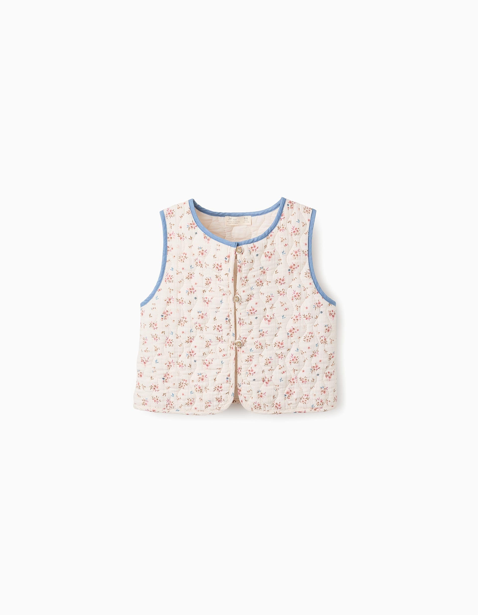 Colete Almofadado Floral para Menina, Bege/Azul