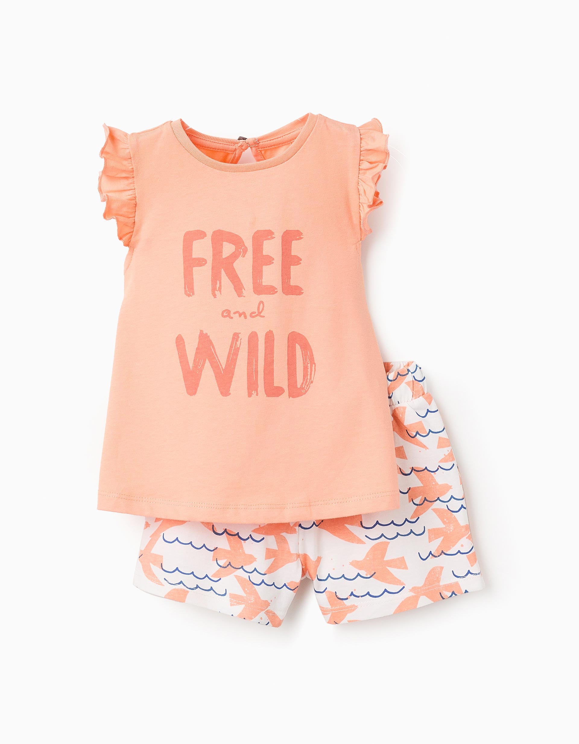 T-shirt + Calções com Motivo para Bebé Menina 'Free', Coral/Branco