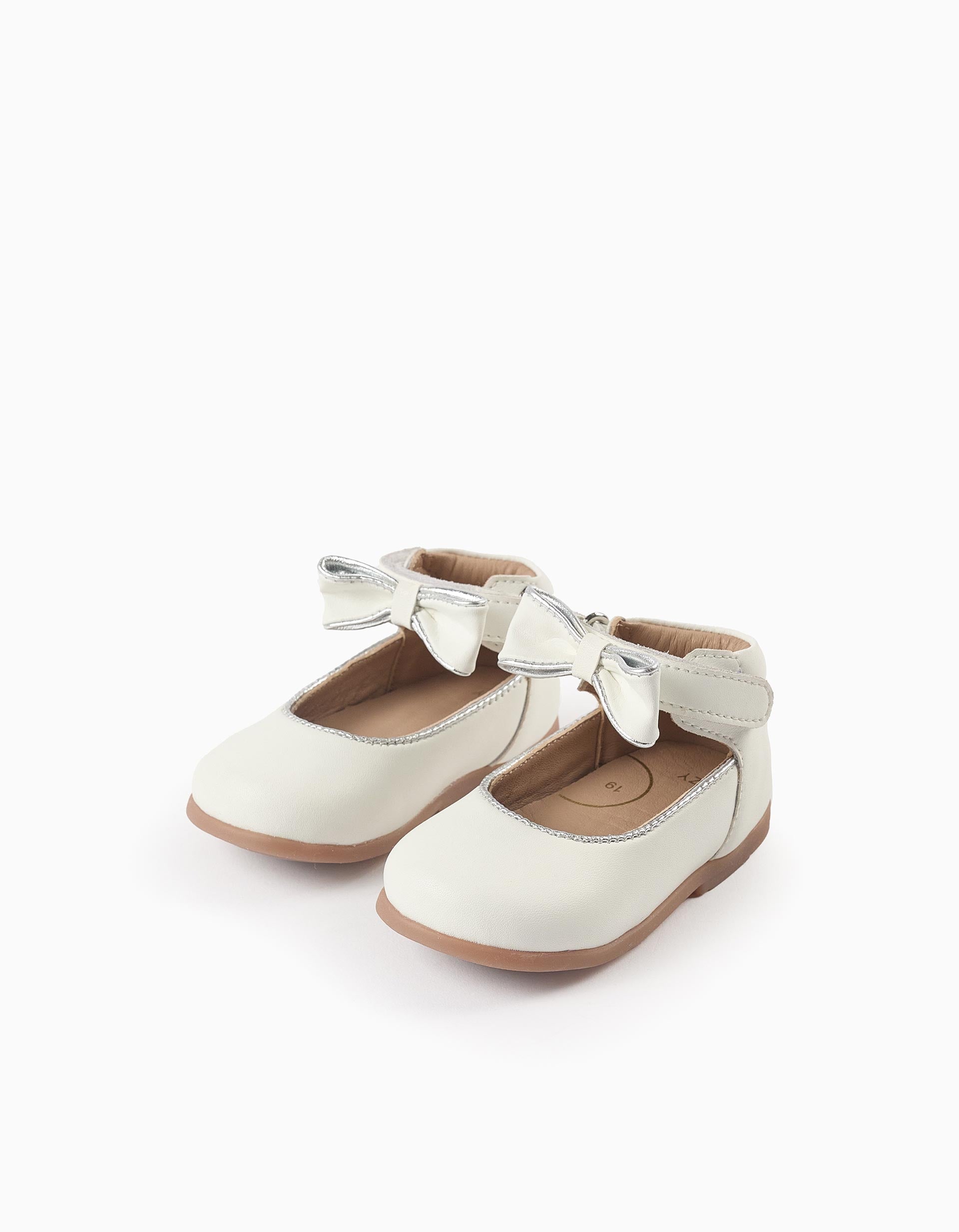 Sabrinas de Pele com Laço para Bebé Menina, Branco/Prateado