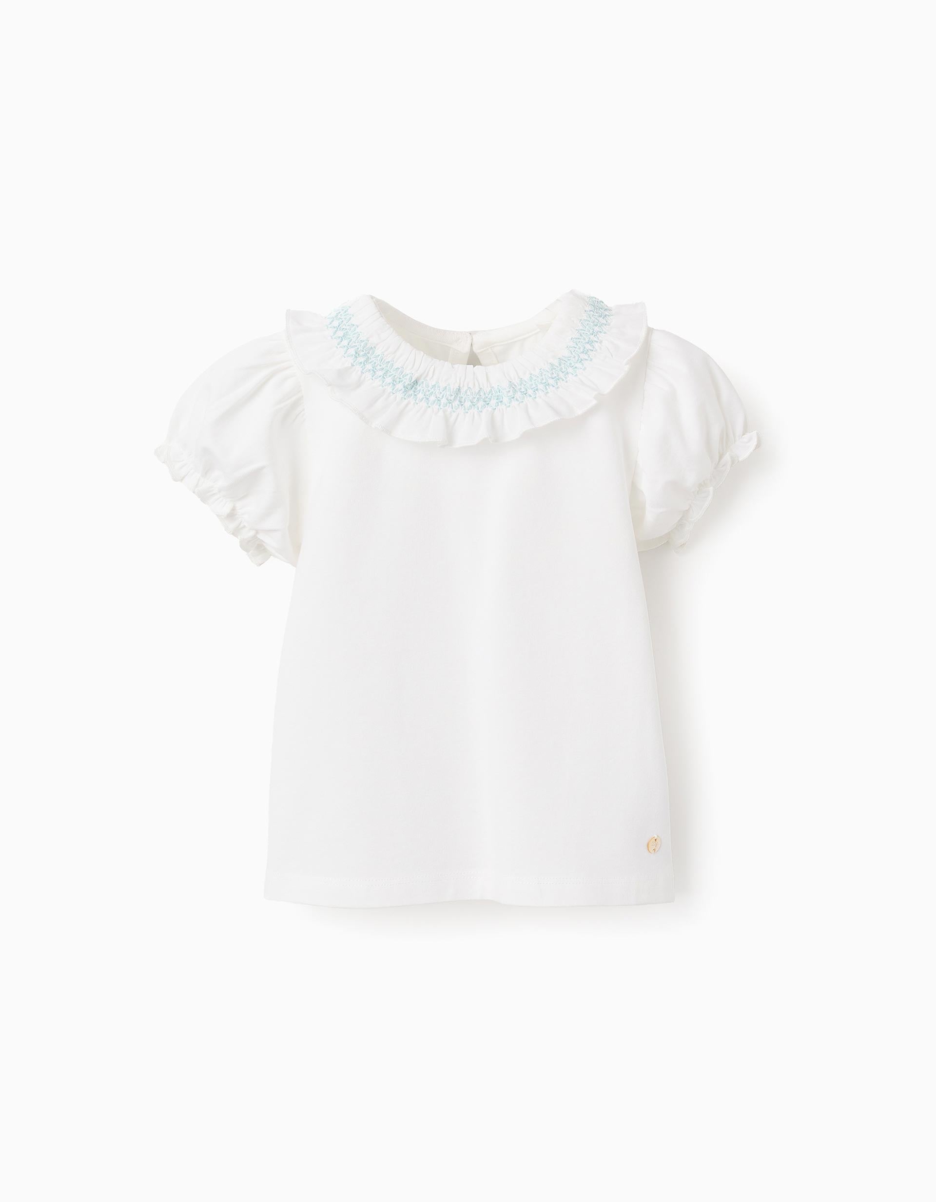 T-shirt com Folhos e Fio Azul para Bebé Menina, Branco