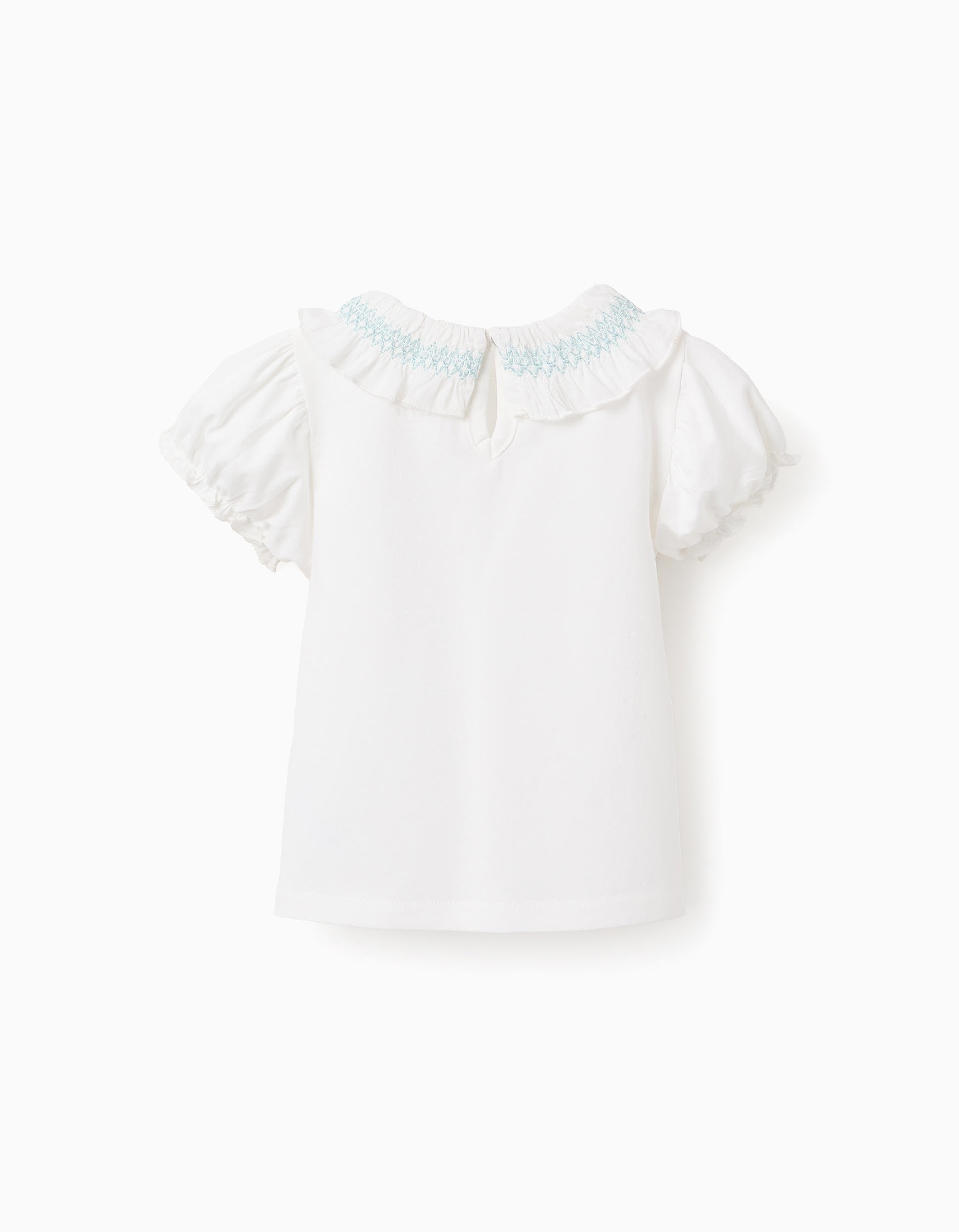 T-shirt com Folhos e Fio Azul para Bebé Menina, Branco