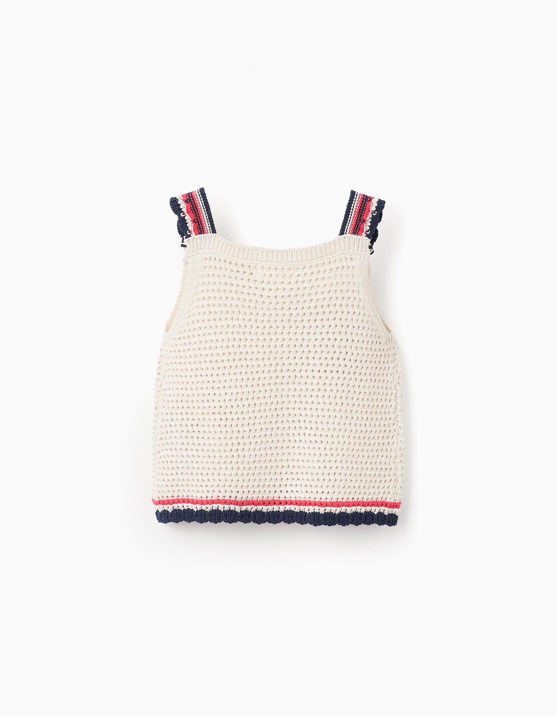 Top de Punto Calado para Niña, Blanco/Rojo/Azul