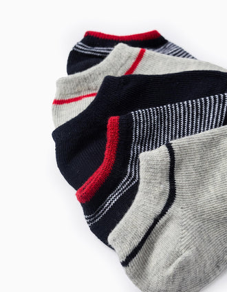Pack of 5 Pairs of Short Plain/Striped Socks for Baby Boys, Blue/Red/Grey