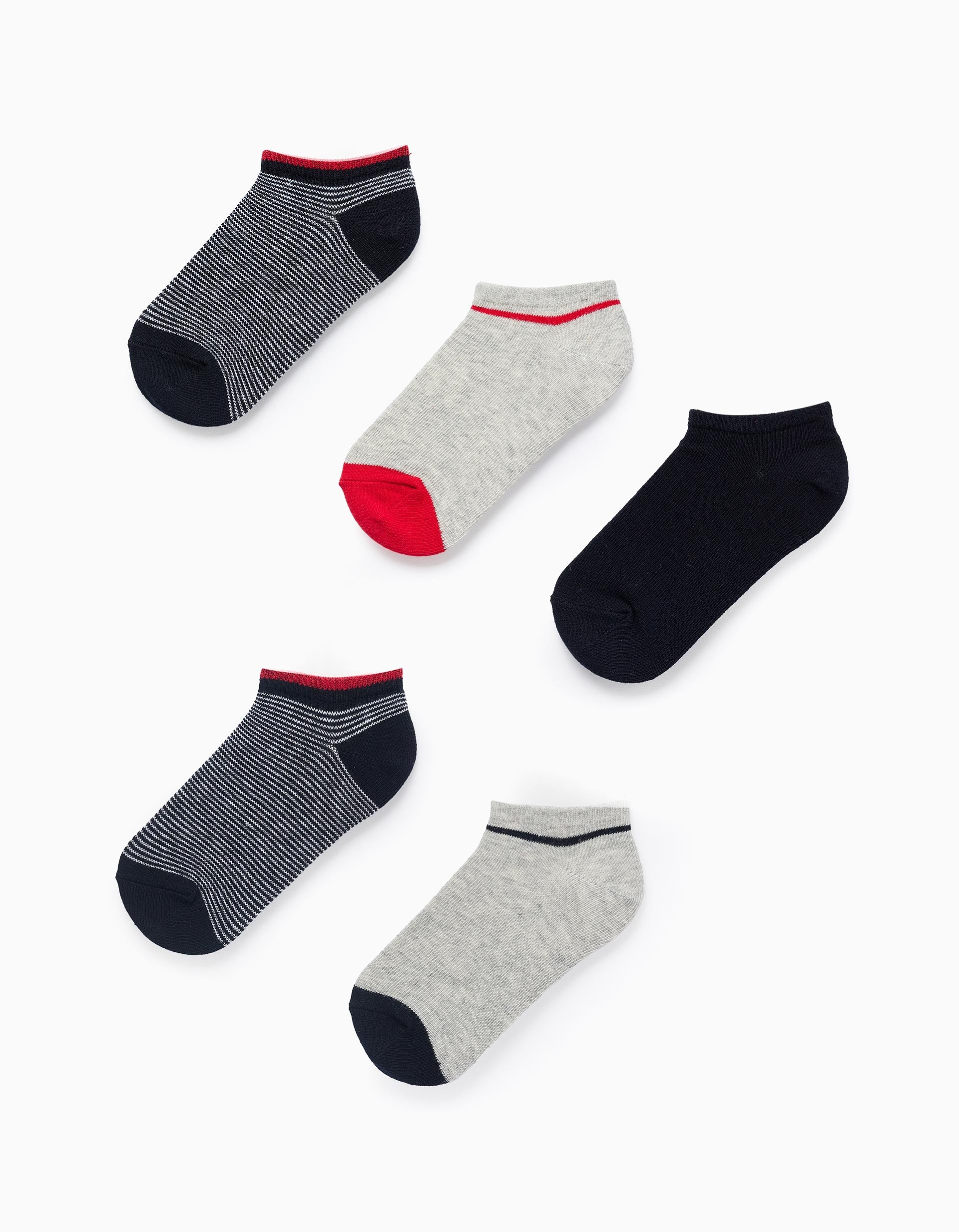 Pack 5 Paires de Socquettes Unies/Rayées pour Garçon, Bleu/Rouge/Gris