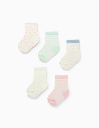 Pack 5 Pares de Meias para Bebé Menina 'Riscas, Corações & Bolinhas', Branco