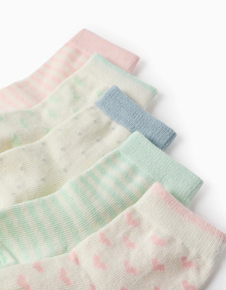 Pack 5 Pares de Meias para Bebé Menina 'Riscas, Corações & Bolinhas', Branco