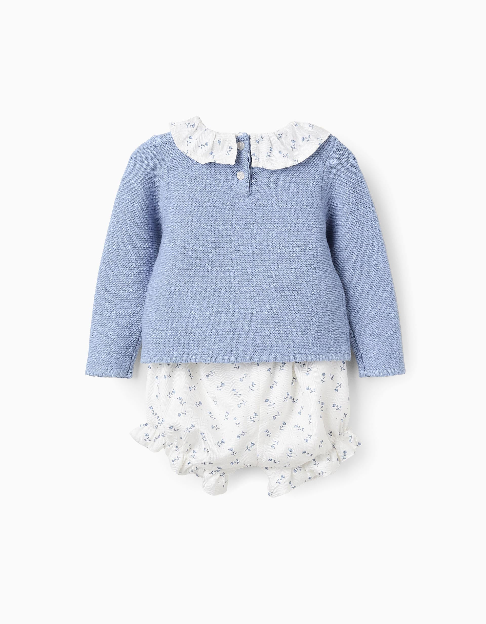 Jumper + Floral Motif Shorts for Baby Girls, Blue/White