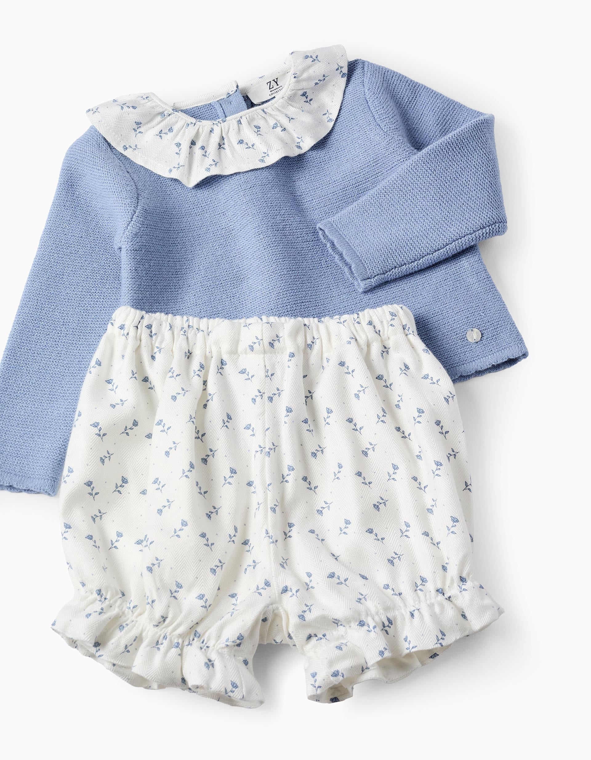 Jumper + Floral Motif Shorts for Baby Girls, Blue/White