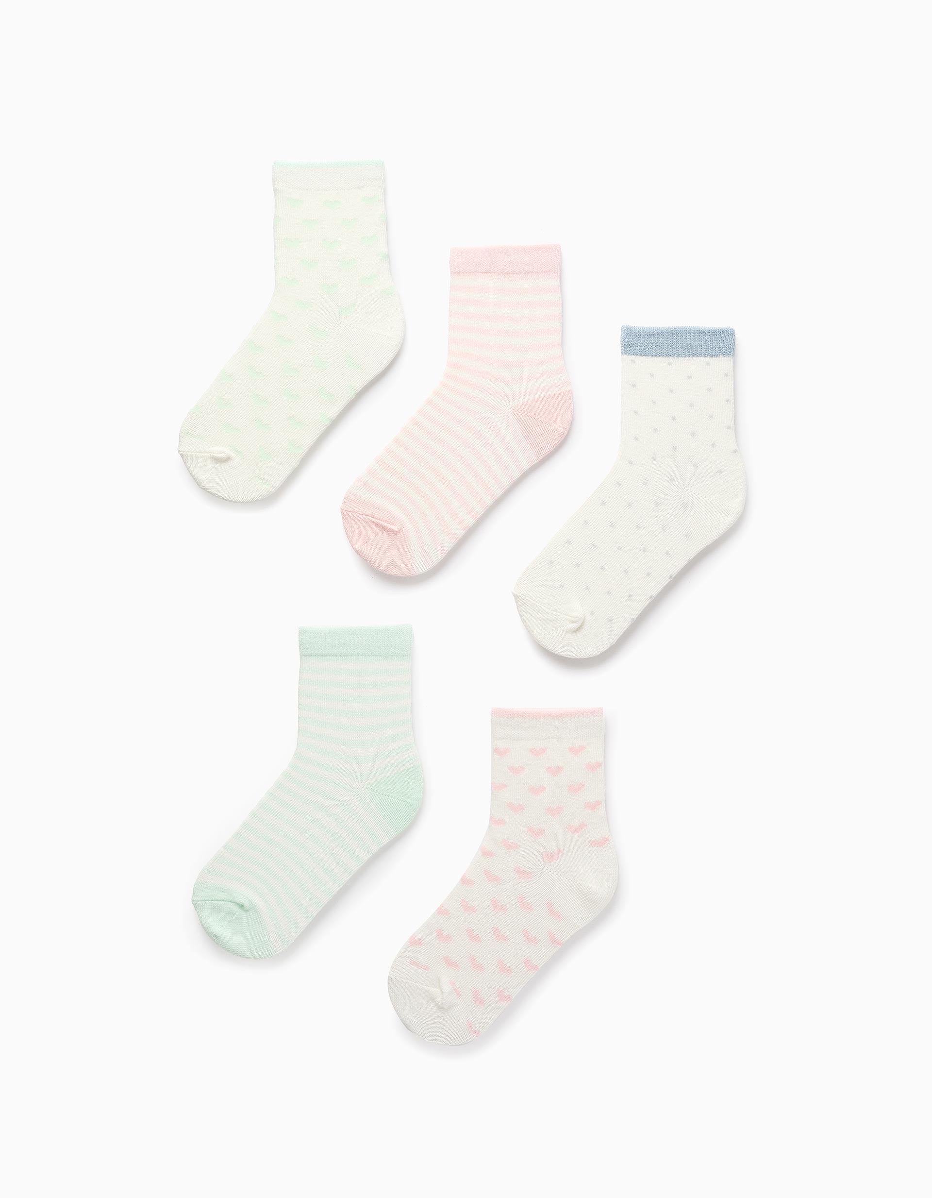 Pack 5 Pares de Meias para Menina 'Riscas, Corações & Bolinhas', Branco