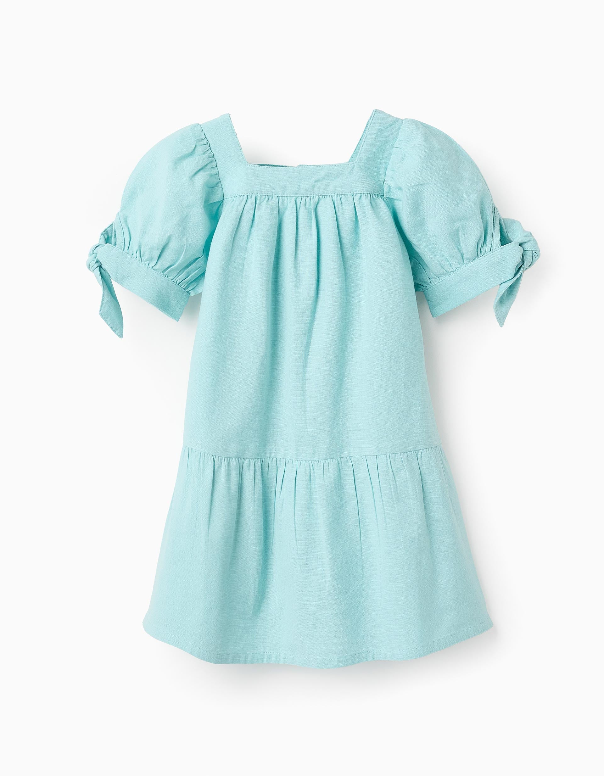 Vestido de Algodão e Linho para Bebé Menina, Azul Claro