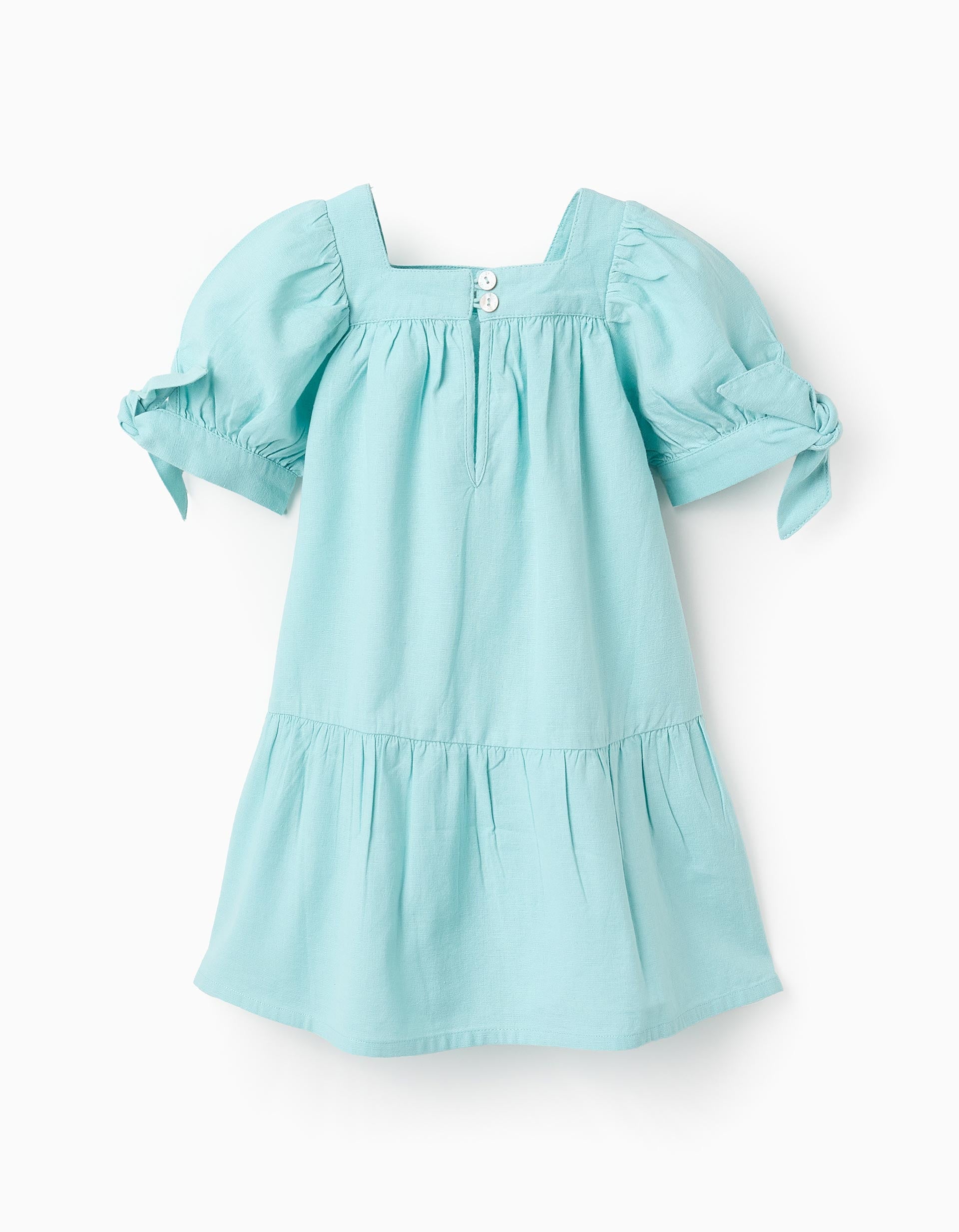 Vestido de Algodão e Linho para Bebé Menina, Azul Claro