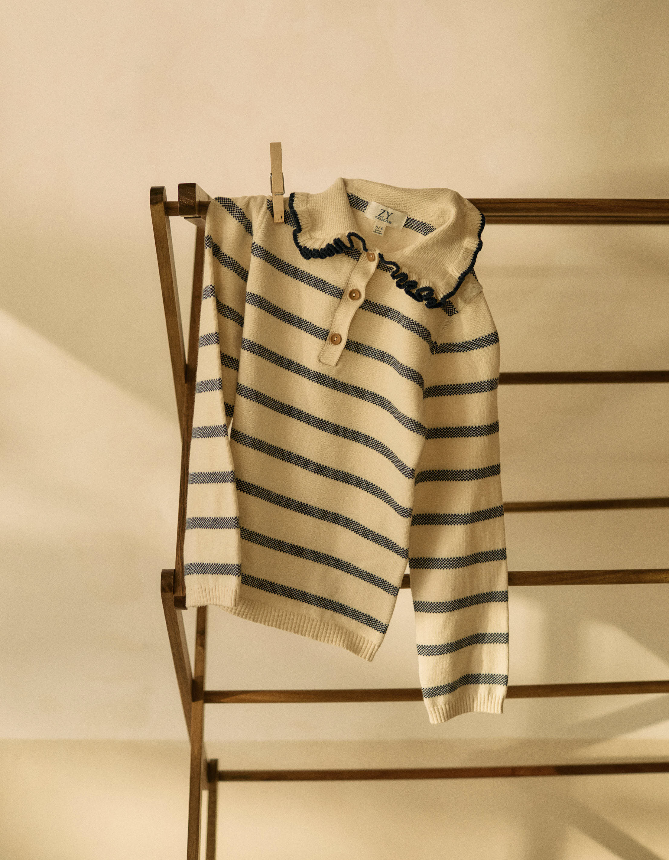 Striped Cotton Jumper with Ruffles for Girls, Beige/Blue