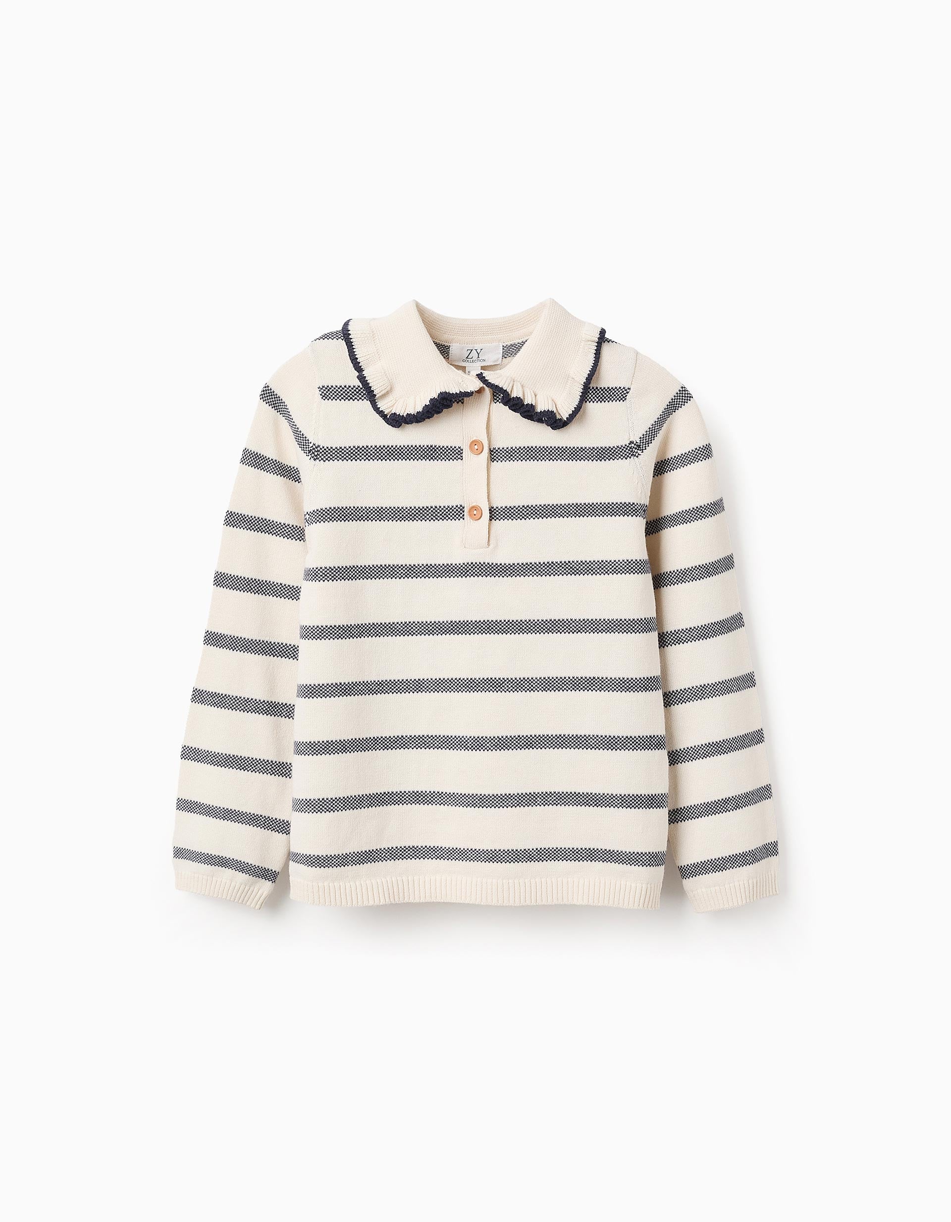 Striped Cotton Jumper with Ruffles for Girls, Beige/Blue