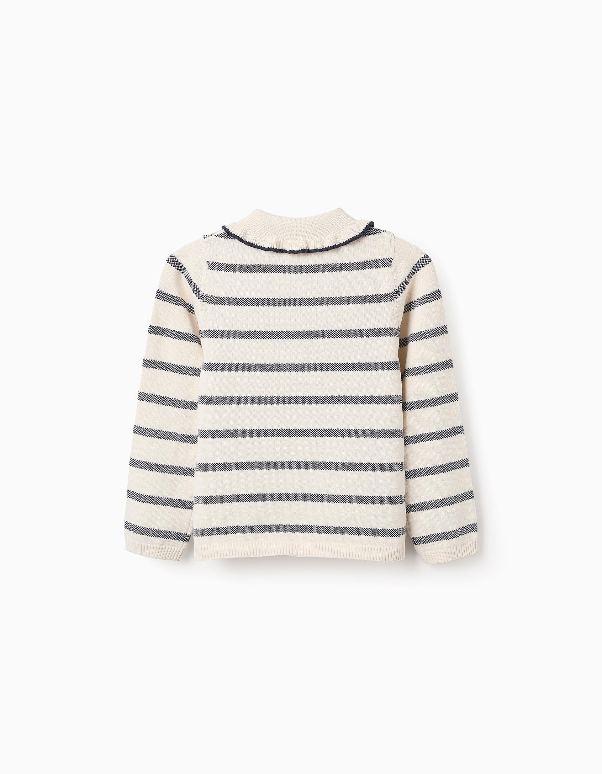 Striped Cotton Jumper with Ruffles for Girls, Beige/Blue