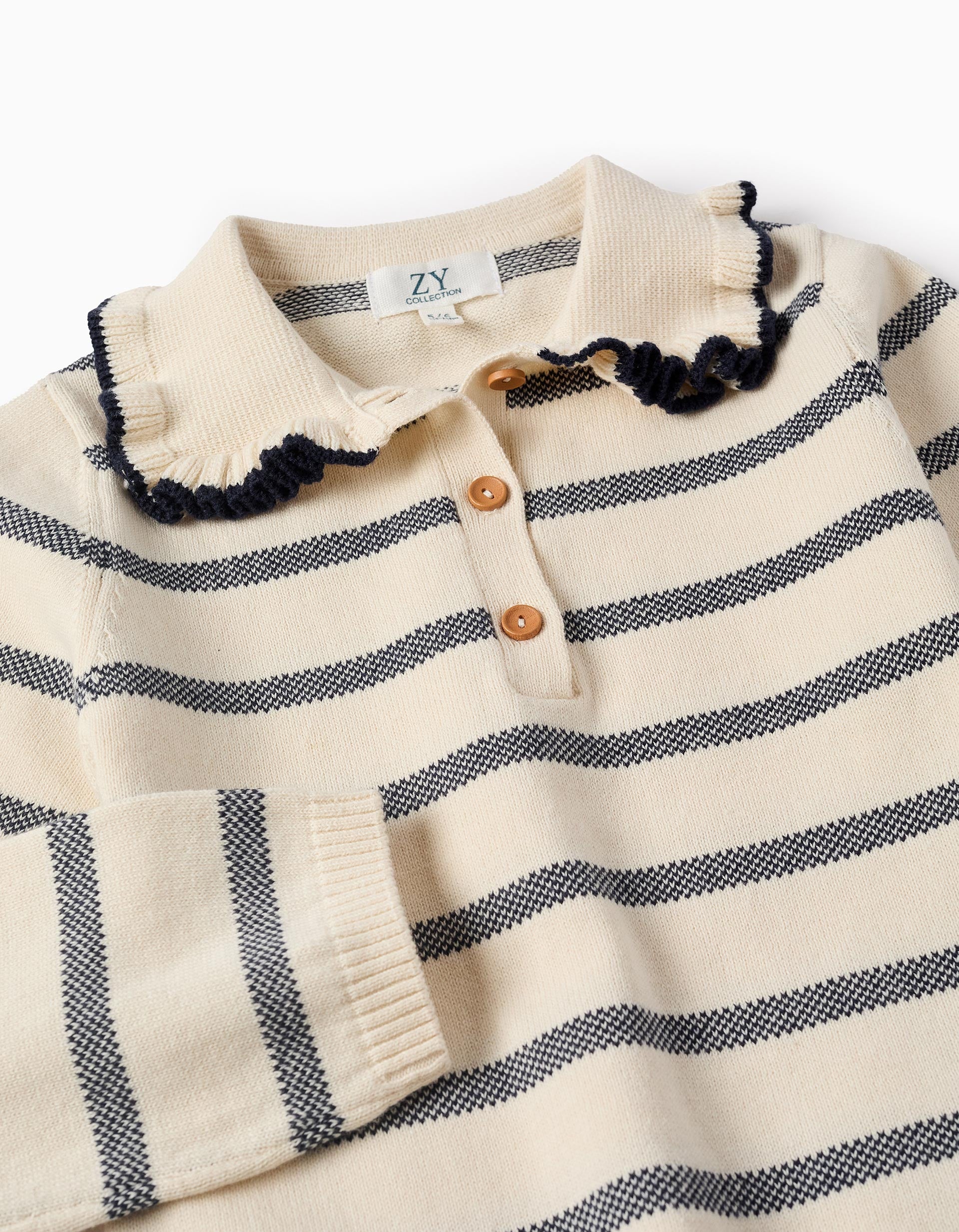 Striped Cotton Jumper with Ruffles for Girls, Beige/Blue