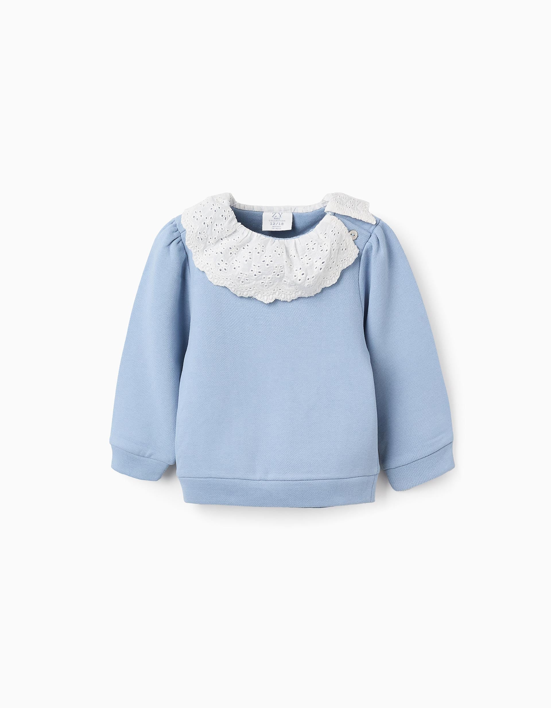 Sweat de Algodão com Gola de Bordado Inglês para Bebé Menina, Azul