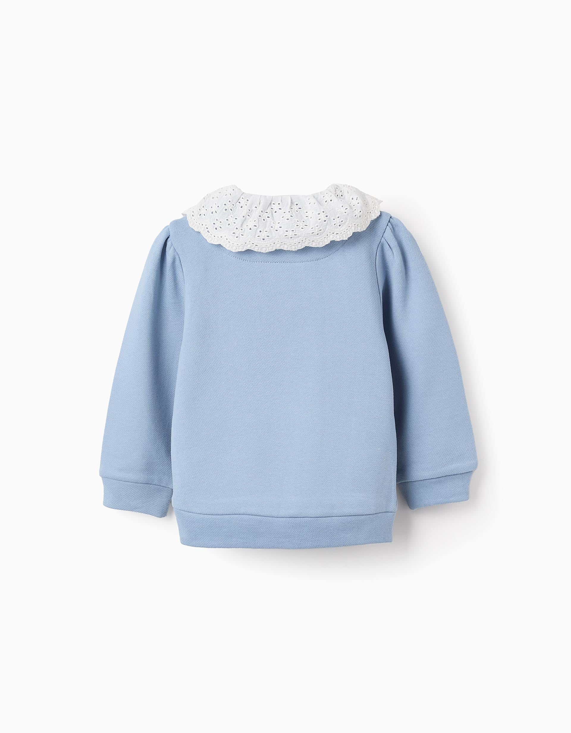 Sweat de Algodão com Gola de Bordado Inglês para Bebé Menina, Azul