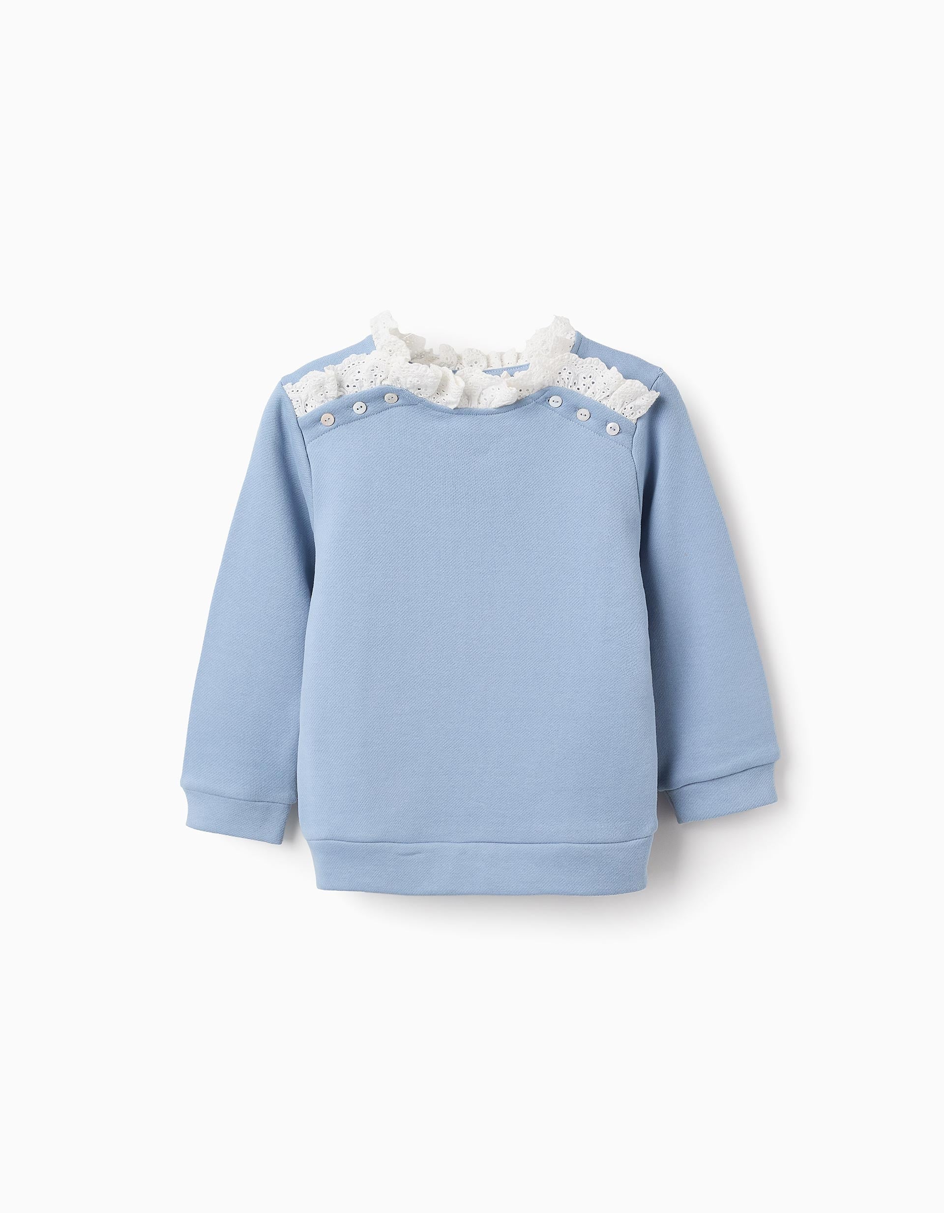 Cotton Sweatshirt with Broderie Anglaise Collar for Girls, Blue