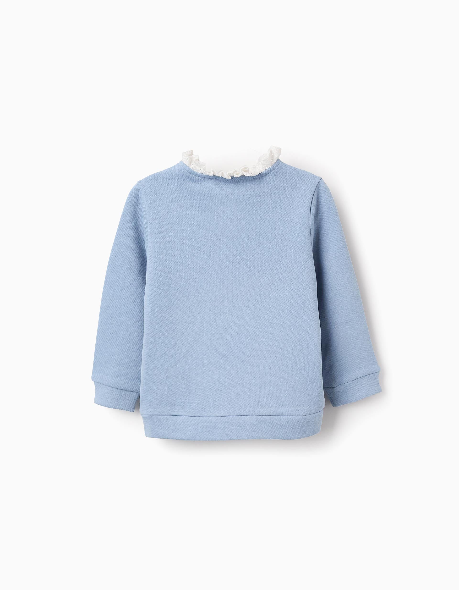 Cotton Sweatshirt with Broderie Anglaise Collar for Girls, Blue