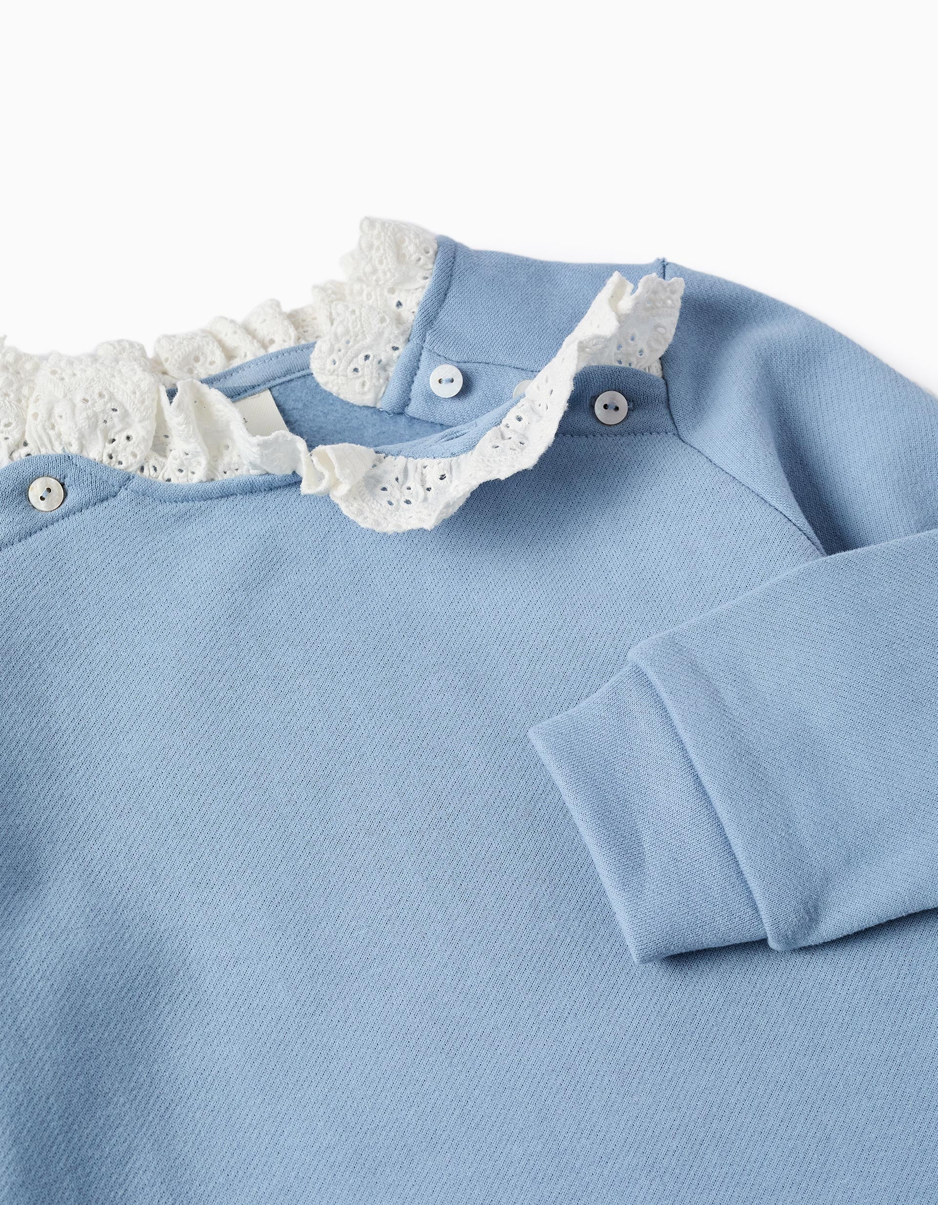 Cotton Sweatshirt with Broderie Anglaise Collar for Girls, Blue