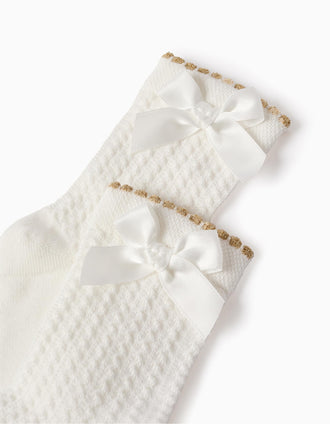 Textured Socks with Bow for Girls, White/Gold