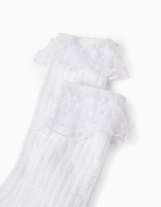 Calcetines Altos con Volantes de Tul para Niña, Blanco