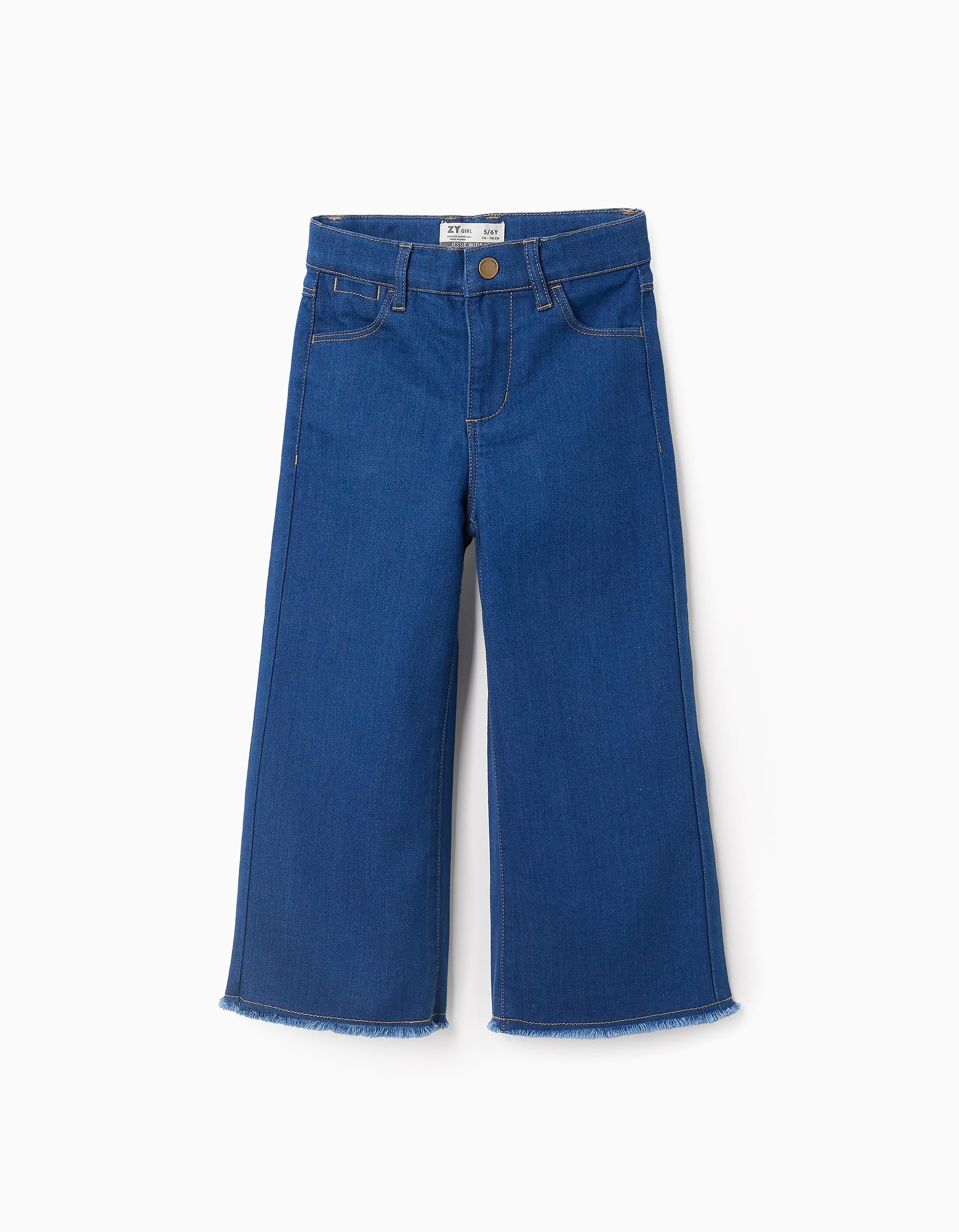 Calças de Ganga com Bainhas Desfiadas para Menina 'Wide Leg', Azul