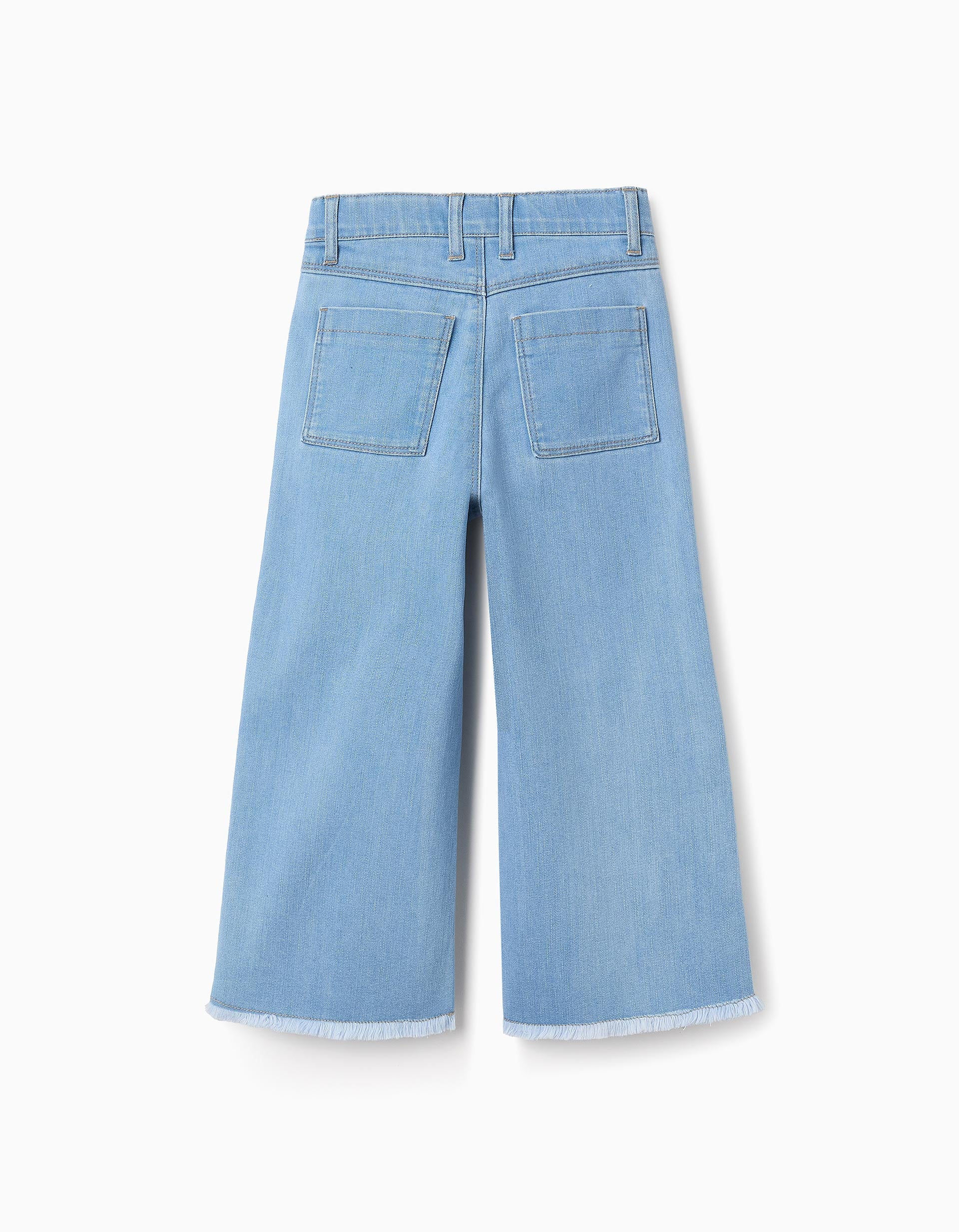 Calças de Ganga com Bainhas Desfiadas para Menina 'Wide Leg', Azul Claro