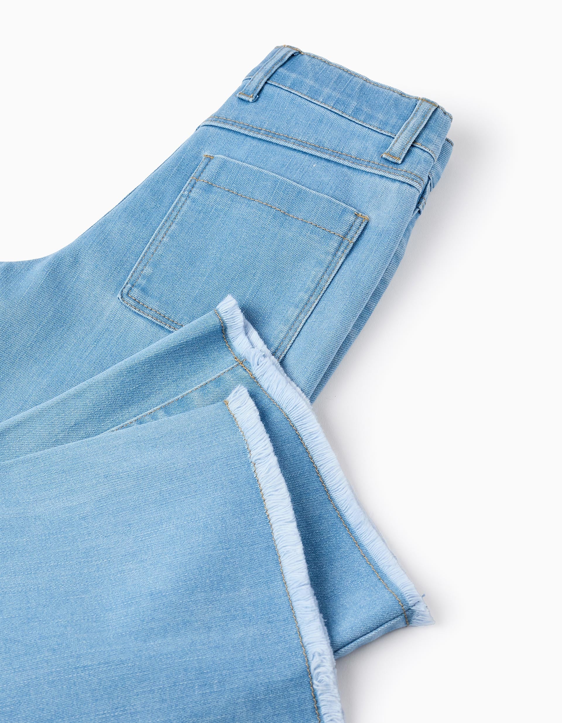 Calças de Ganga com Bainhas Desfiadas para Menina 'Wide Leg', Azul Claro