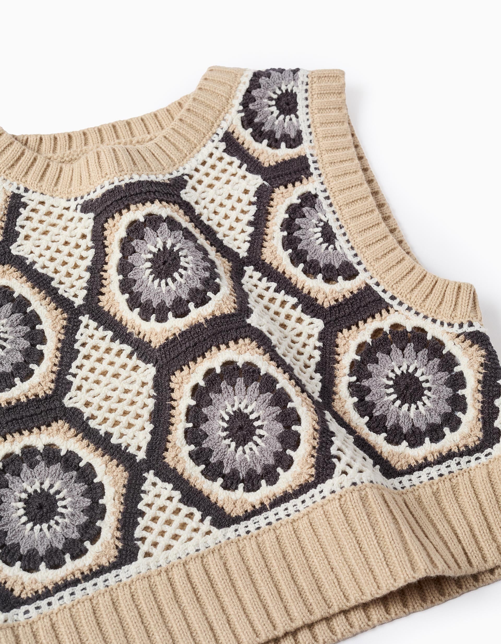 Chaleco de Punto con Crochet para Niña, Beige/Gris