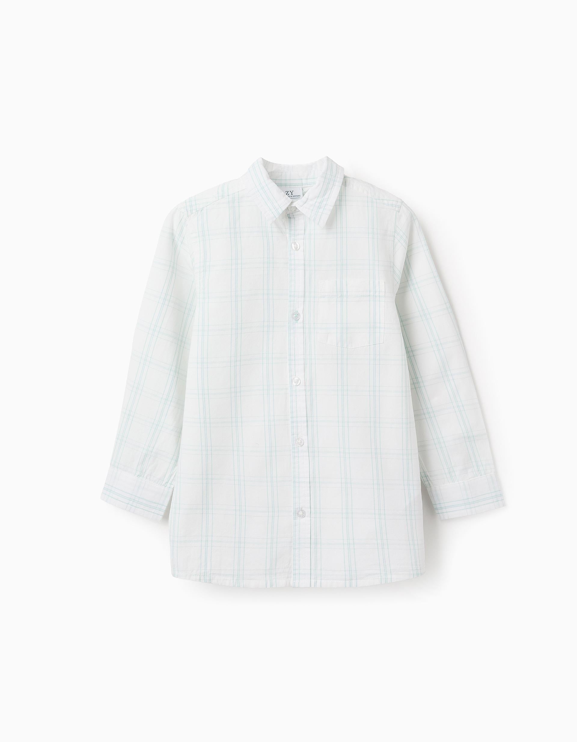 Square Motif Cotton Shirt for Boys, White/Light Blue