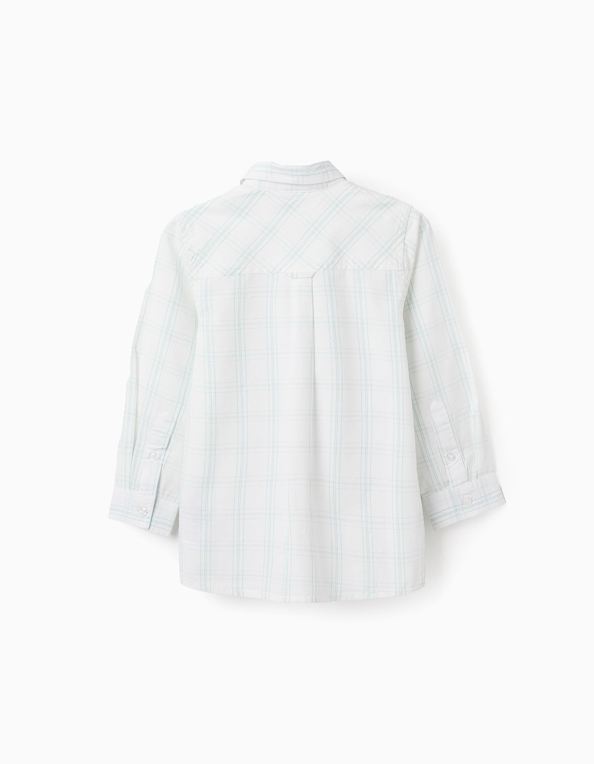 Square Motif Cotton Shirt for Boys, White/Light Blue