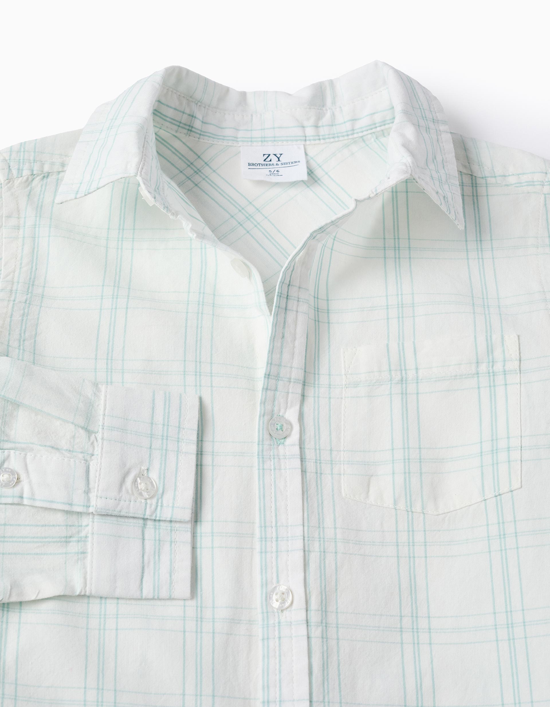 Square Motif Cotton Shirt for Boys, White/Light Blue