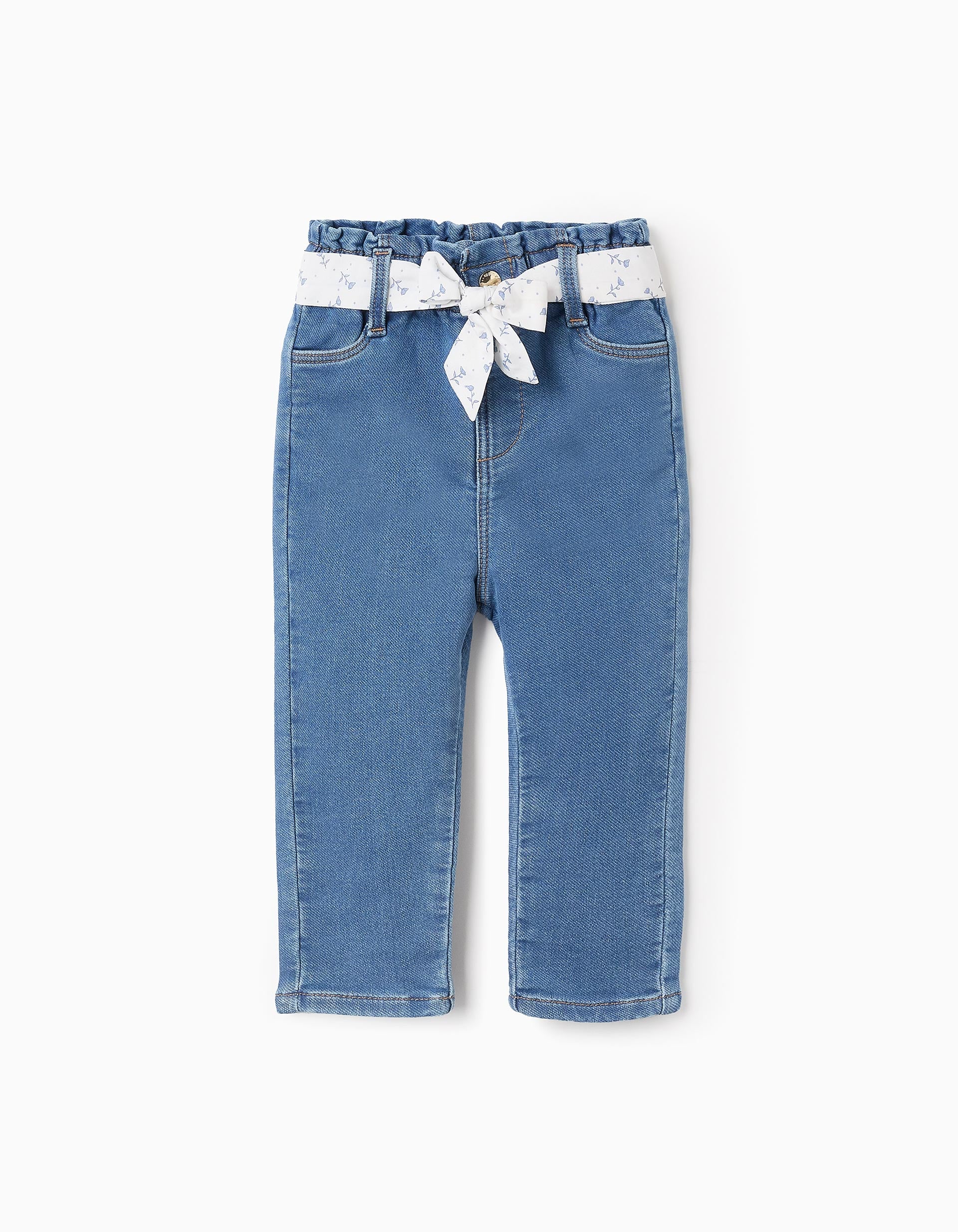 Denim Trousers with Floral Ribbon for Baby Girls, Blue/White