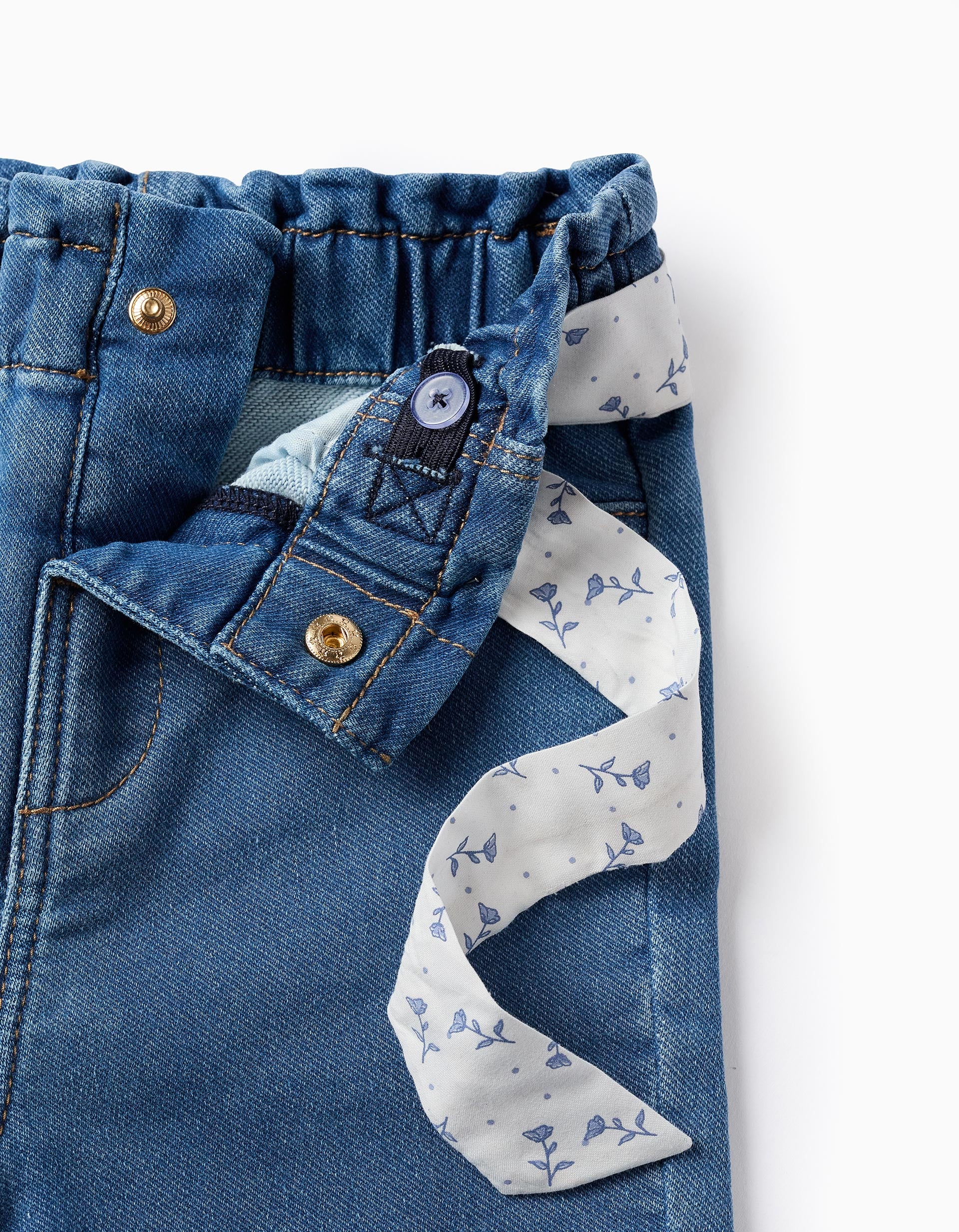 Denim Trousers with Floral Ribbon for Baby Girls, Blue/White