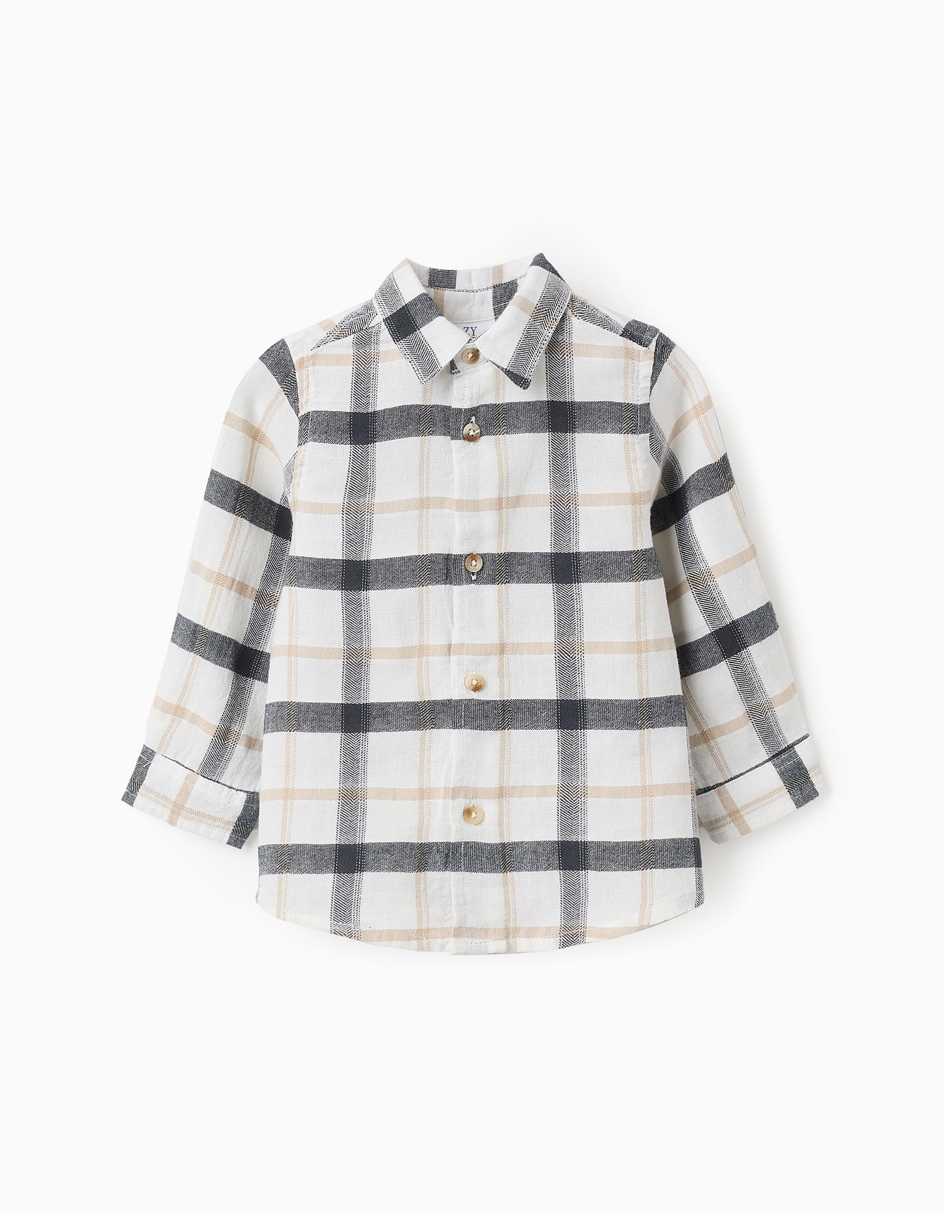 Camisa de Algodón a Cuadros para Bebé Niño 'B&S', Blanco/Gris/Beige