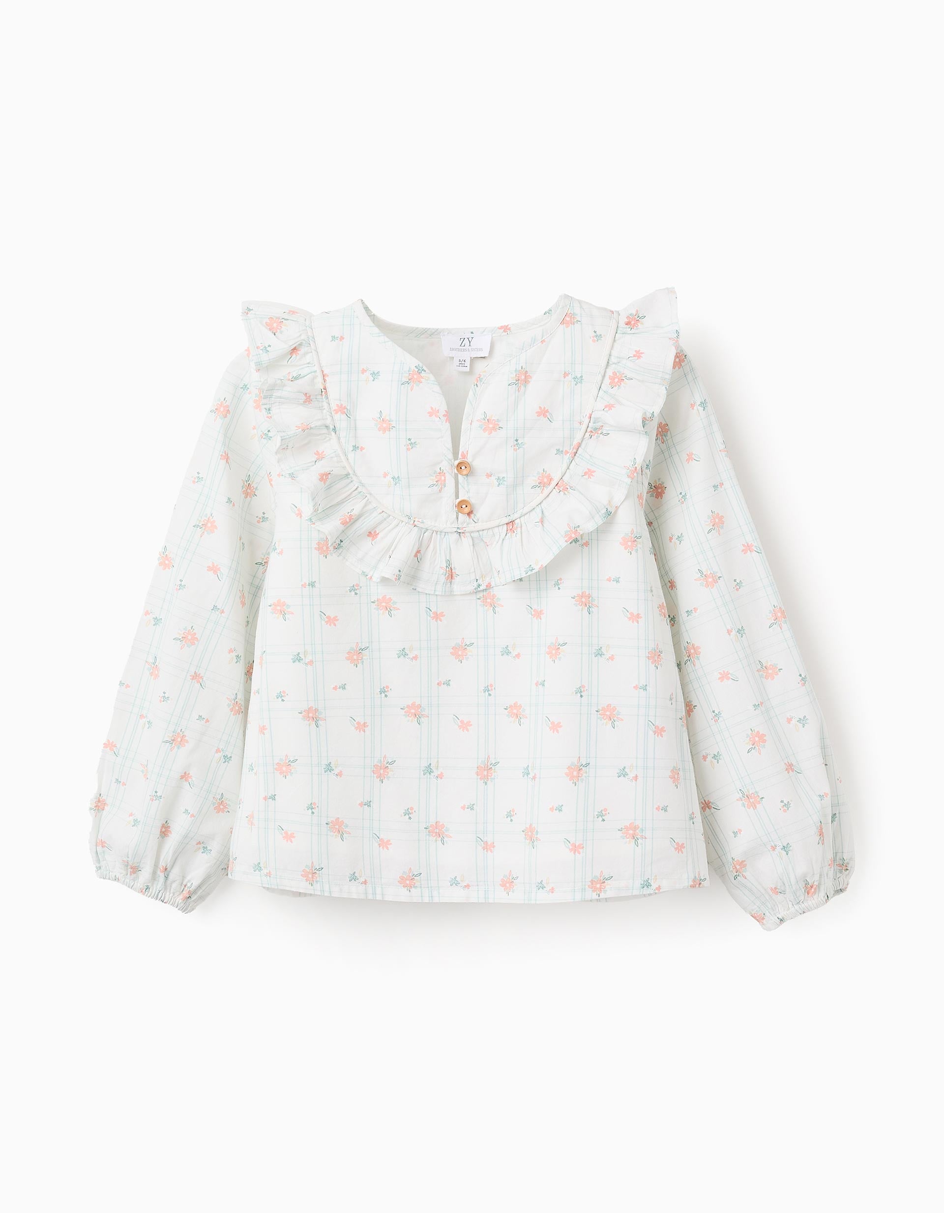 Blusa de Algodón con Cuadros y Flores para Niña 'B&S', Blanco