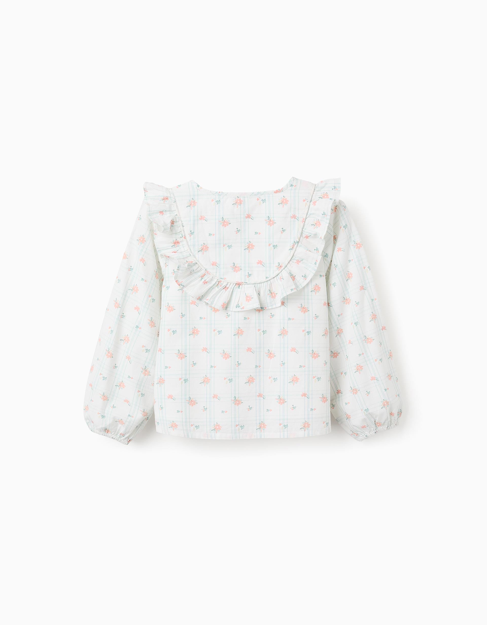 Blusa de Algodón con Cuadros y Flores para Niña 'B&S', Blanco