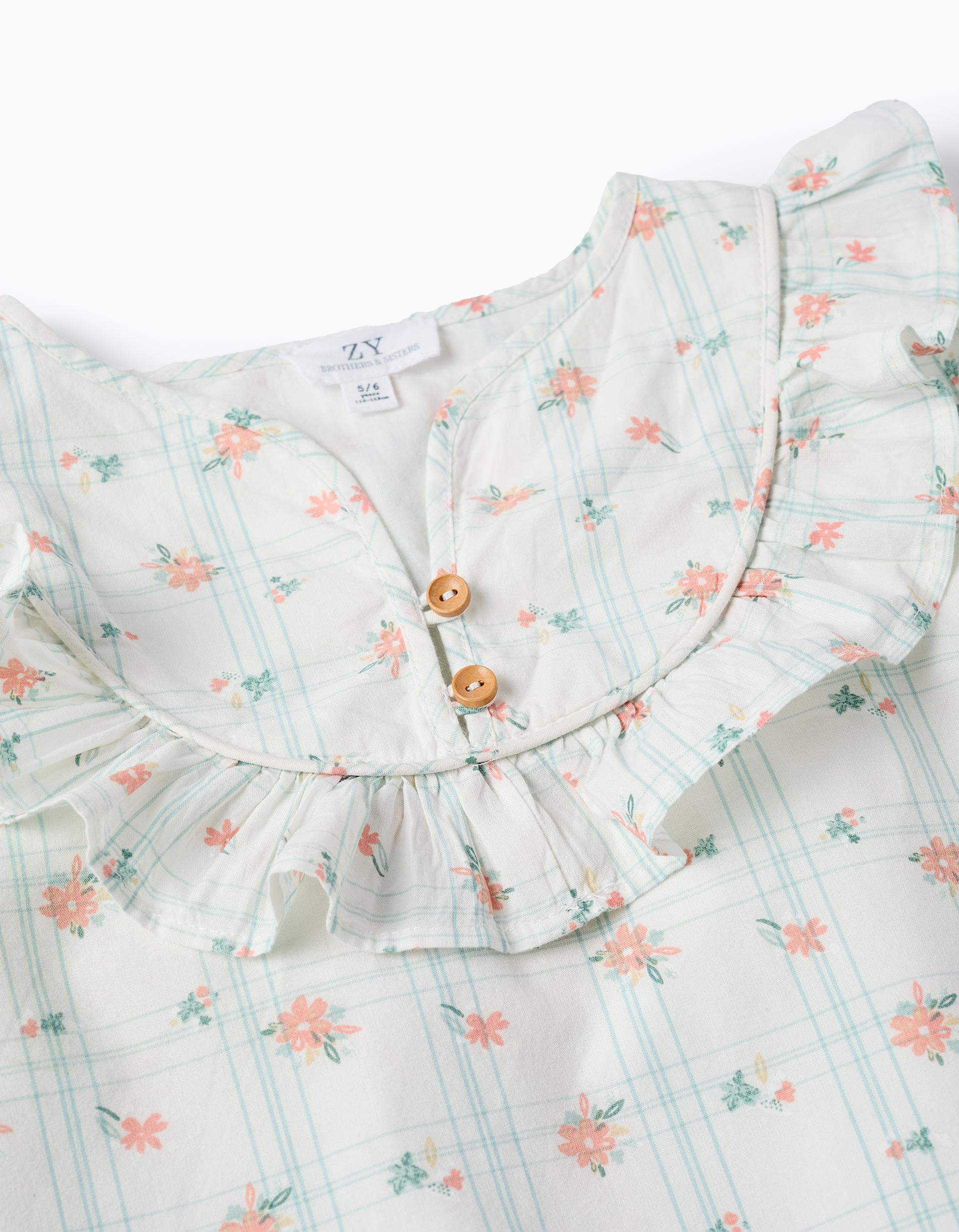 Blusa de Algodón con Cuadros y Flores para Niña 'B&S', Blanco