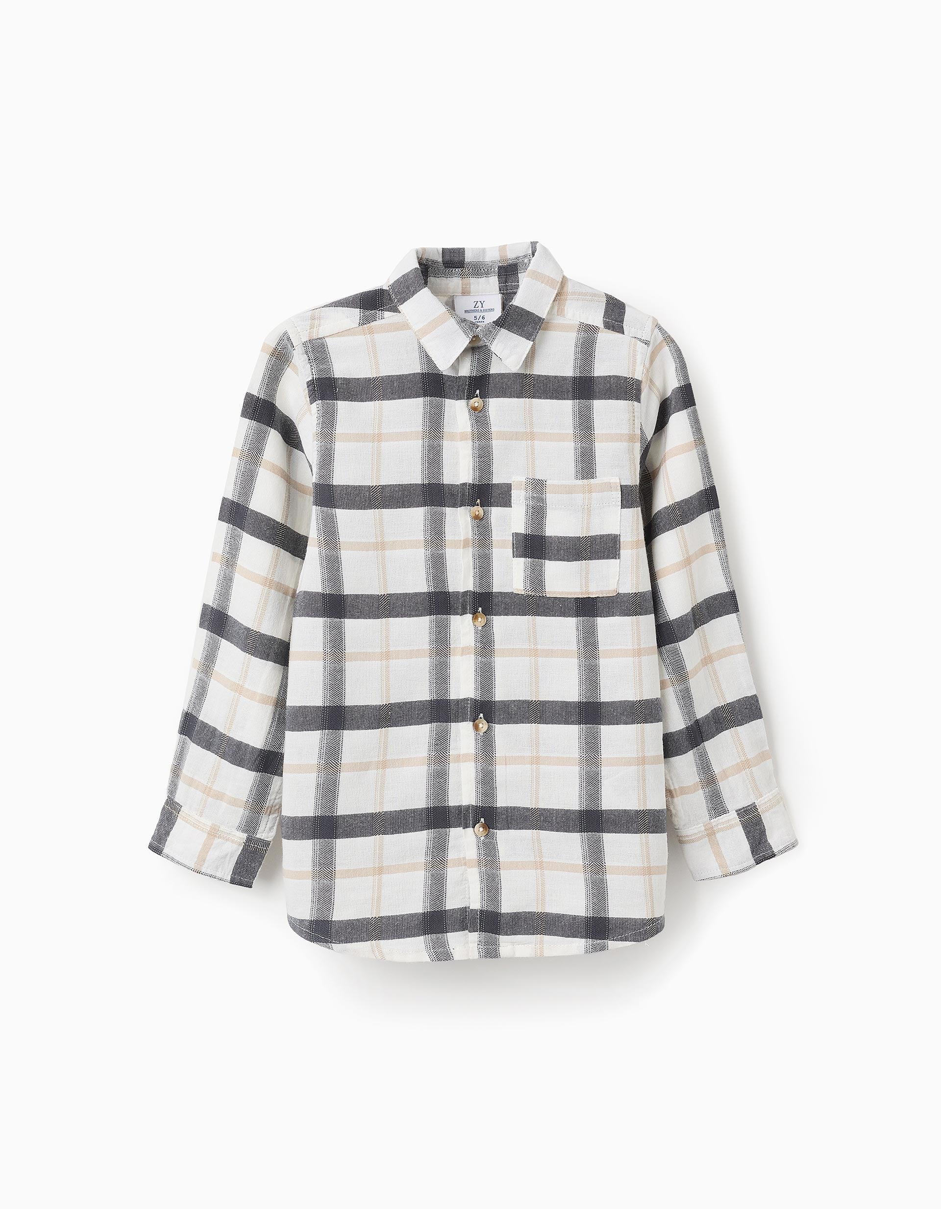 Camisa de Algodón a Cuadros para Niño 'B&S', Blanco/Gris/Beige