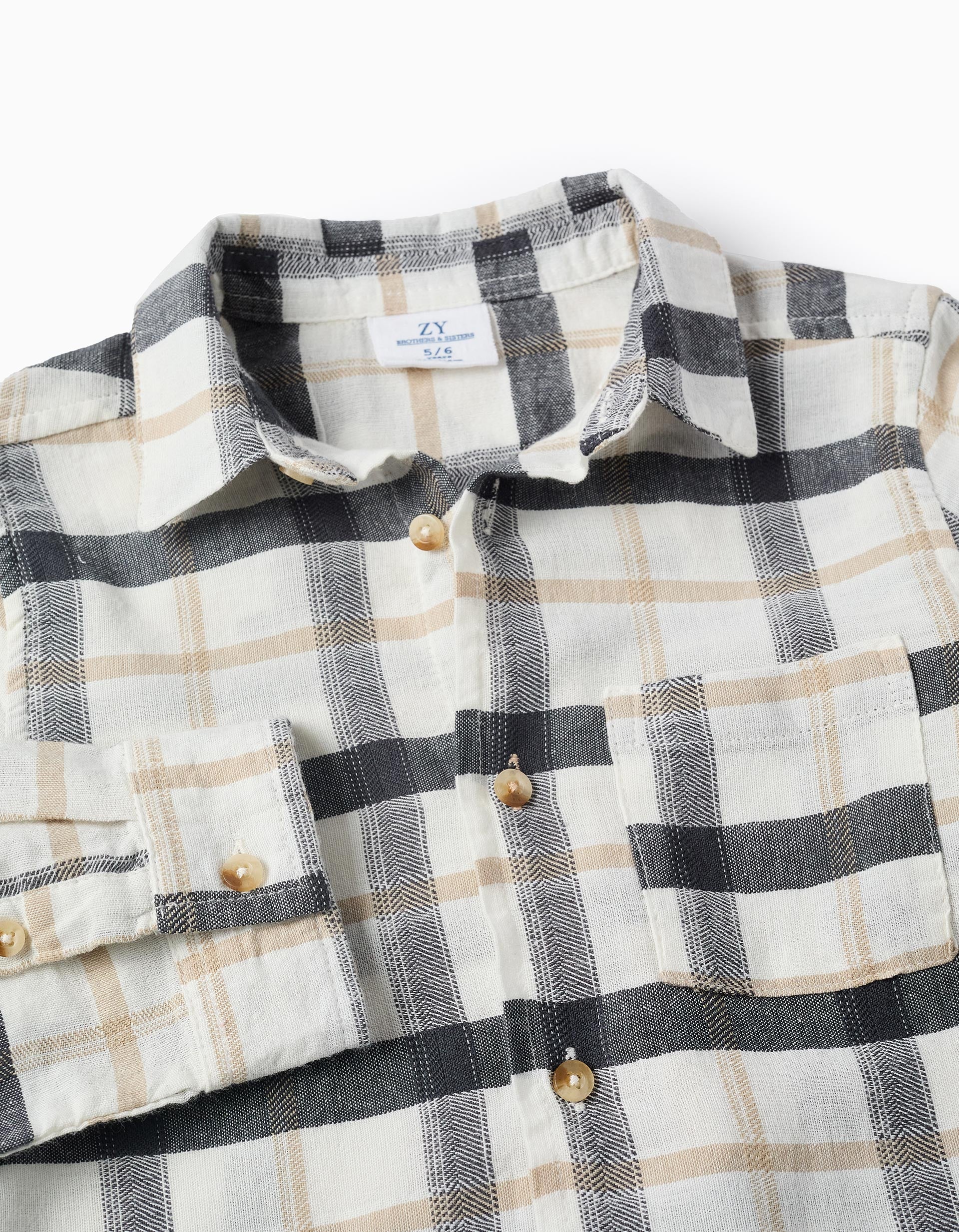 Camisa de Algodón a Cuadros para Niño 'B&S', Blanco/Gris/Beige