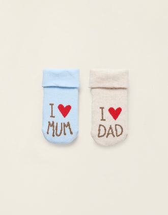 Pack 2 Pairs of Thick Socks for Newborns and Babies 'Mum&Dad', Beige/Blue